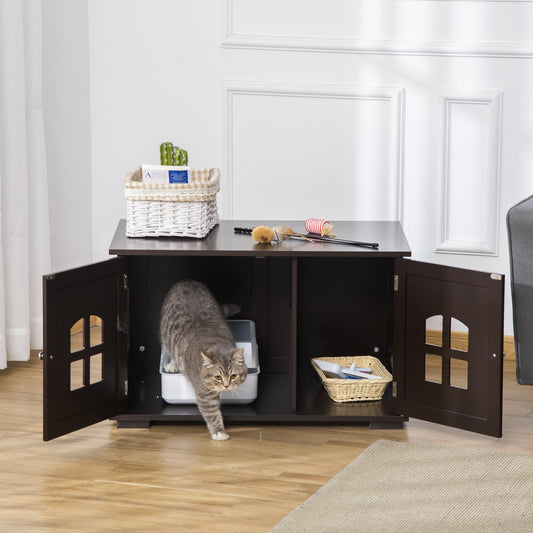 Cat Litter Box Enclosure Hidden Cat Furniture Cabinet Indoor Cat Washroom Double-door Nightstand End Table with Cat Hole Window Coffee - Gallery Canada