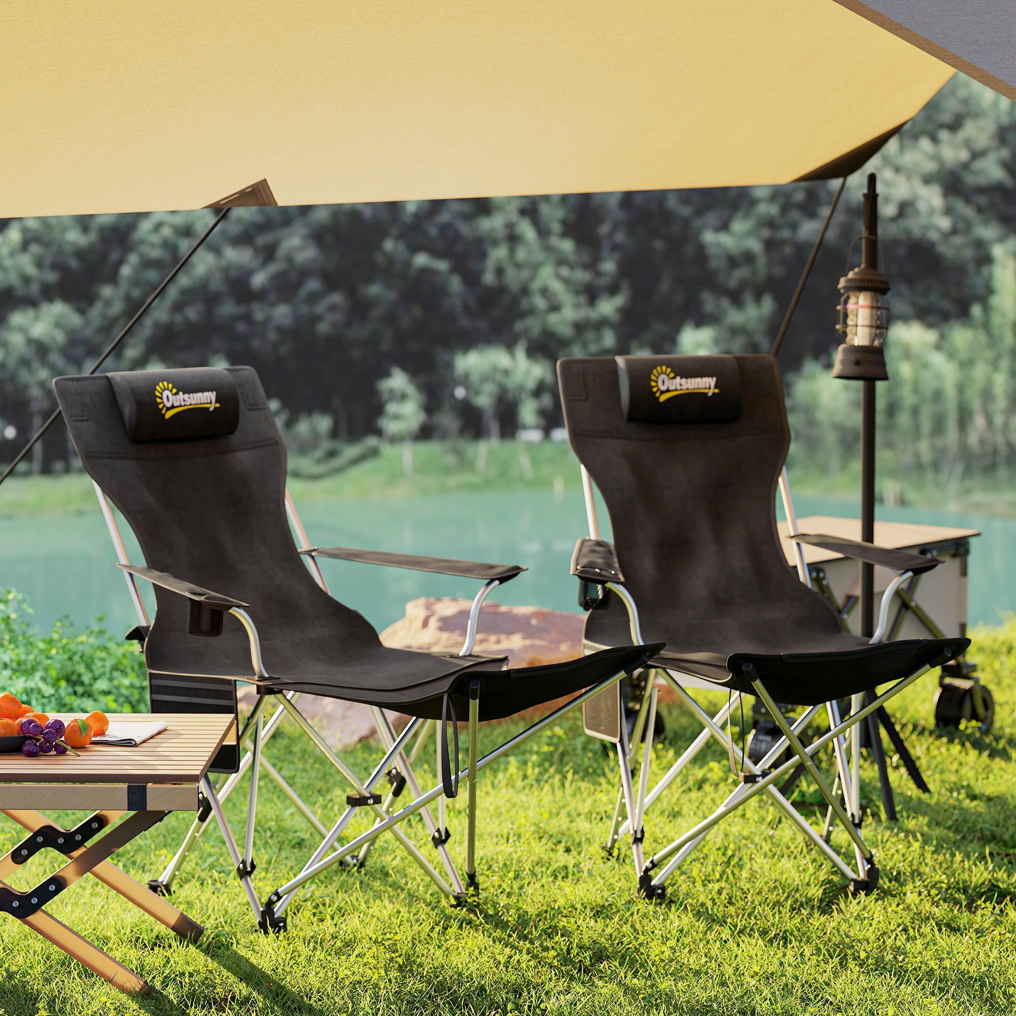 Set of 2 Reclining Camping Chair with Foot Rest, Folding Camping Chair w/ Headrest, Cup Holder, Storage Bag, Black Picnic Tables & Camping Chairs at Gallery Canada