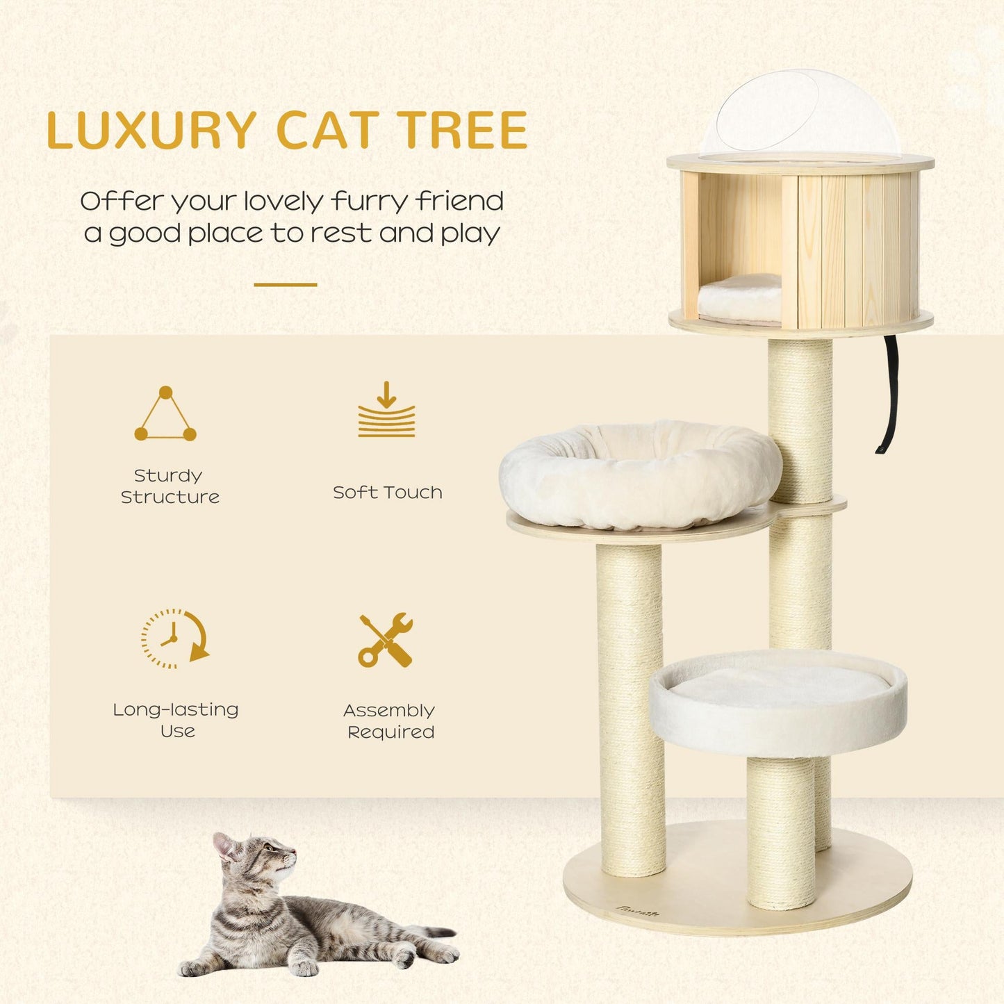 55" Cat Tree, Wood Cat Tower for Indoor Cats with Scratching Post, Condo Bed, Natural Cat Towers   at Gallery Canada