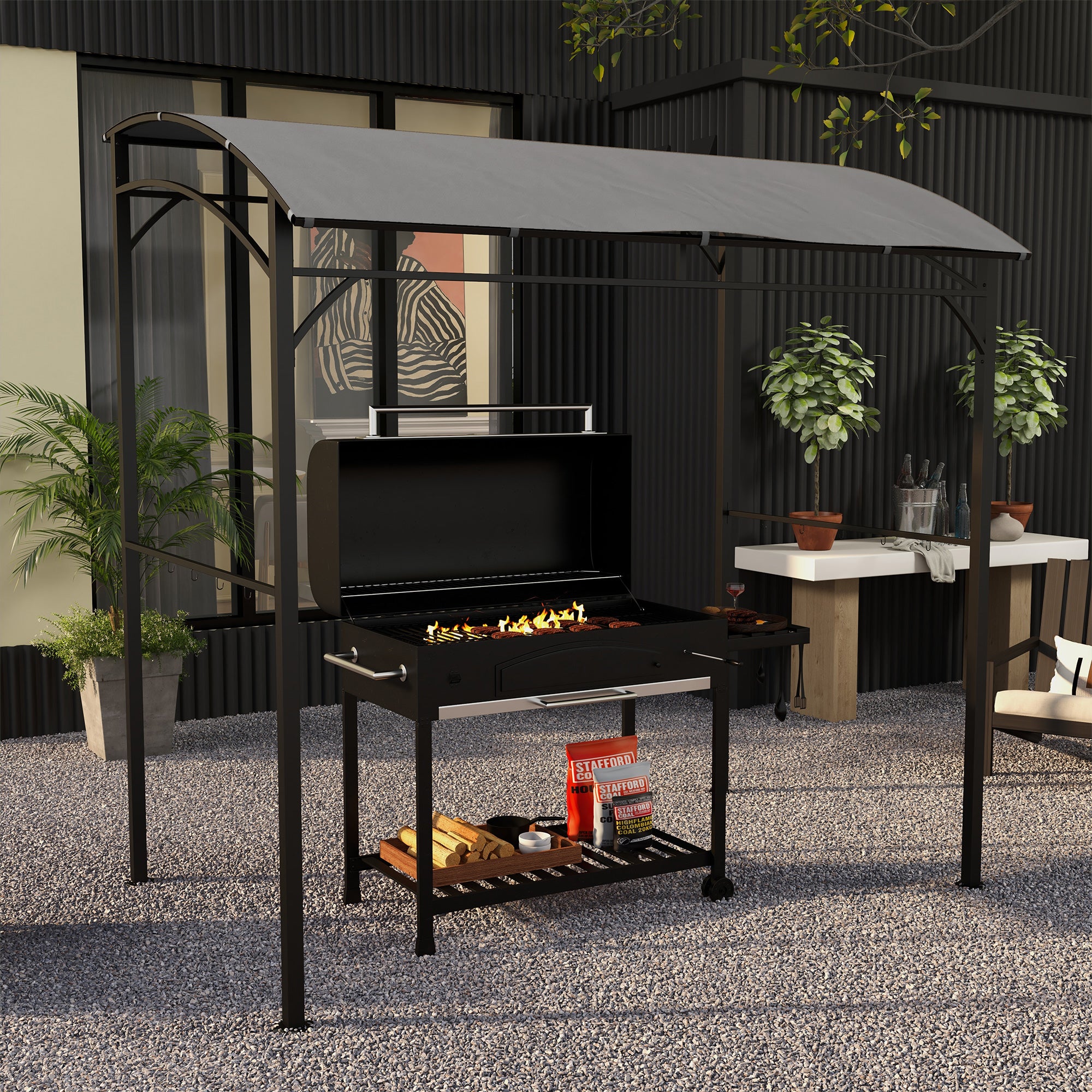 7' x 5' Garden Grill Canopy, BBQ Grill Gazebo Tent with Steel Frame and Hooks, Outdoor Sun Shade, Grey Gazebos at Gallery Canada
