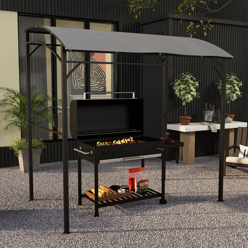 7' x 5' Garden Grill Canopy, BBQ Grill Gazebo Tent with Steel Frame and Hooks, Outdoor Sun Shade, Grey