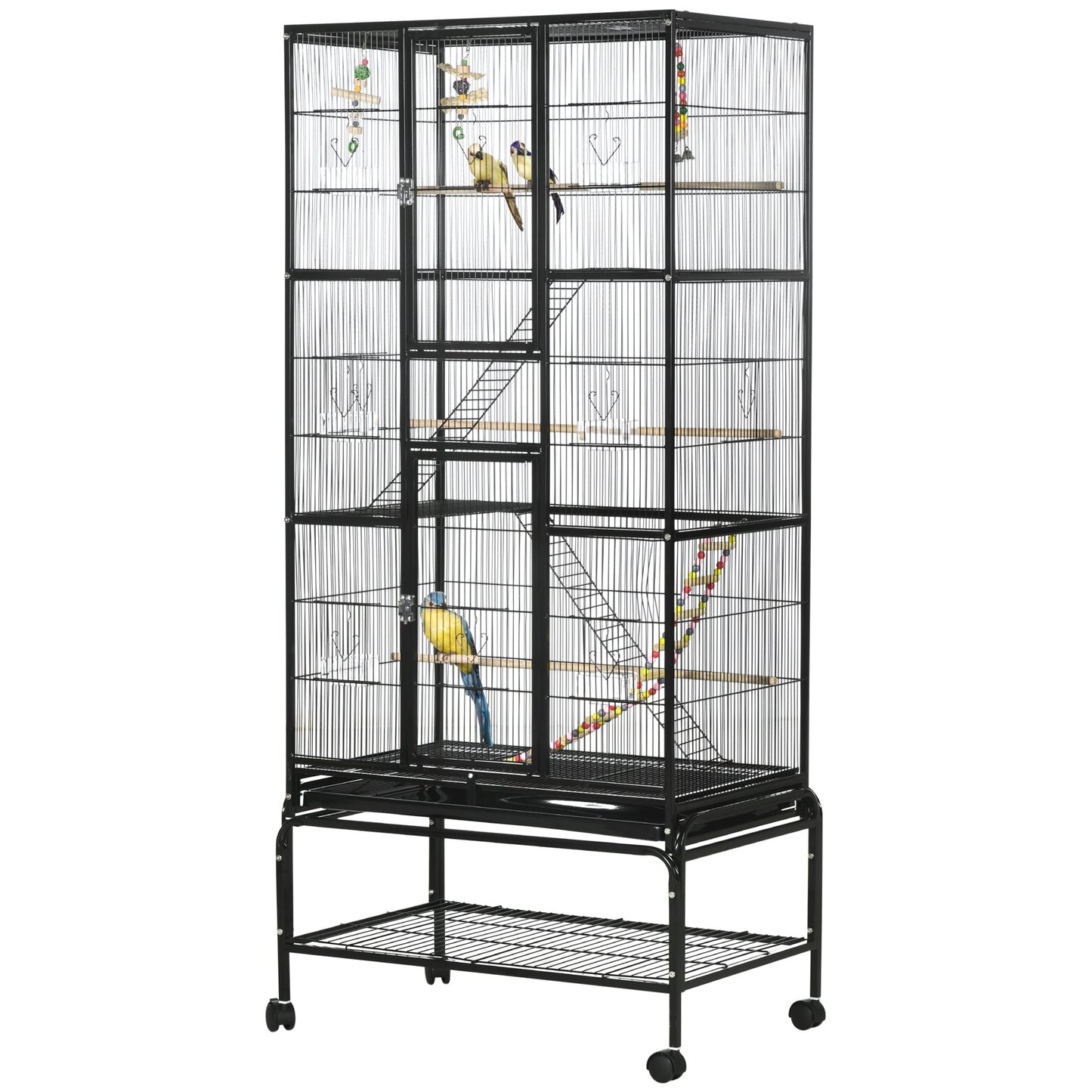 71" Bird Cage with Wheels Perches, Ramp, Storage Shelf, Toys for Canaries, Finches, Cockatiels, Parakeets, Black Bird Cages Black  at Gallery Canada