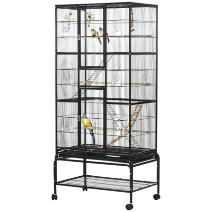 71" Bird Cage with Wheels Perches, Ramp, Storage Shelf, Toys for Canaries, Finches, Cockatiels, Parakeets, Black Bird Cages Black  at Gallery Canada