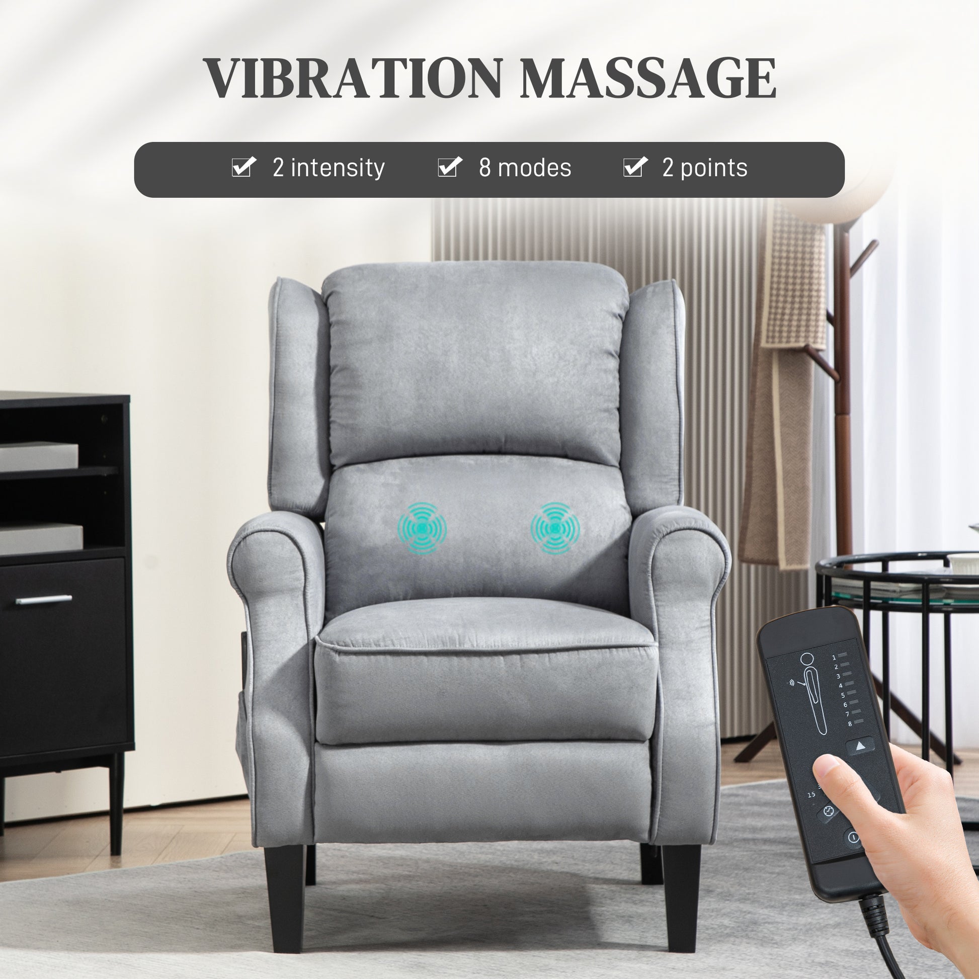 Push Back Recliner Chair, Vibration Massage Recliner for Living Room with Extendable Footrest, Remote, Pocket, Grey Single Sofas   at Gallery Canada