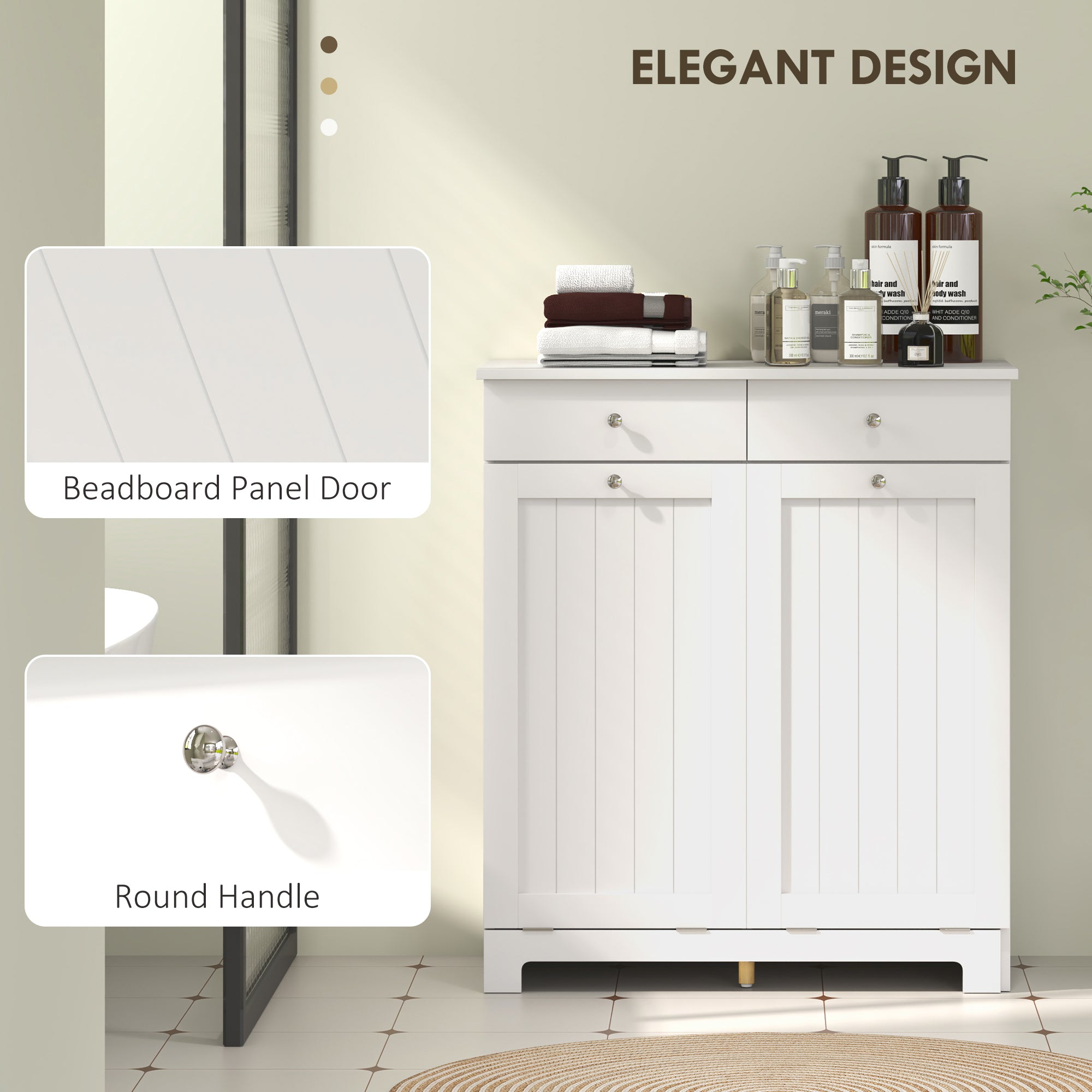 Laundry Cabinet, Tilt Out Laundry Hamper Cabinet with 2 Baskets, Bathroom Hamper Cabinet with 2 Drawers, White Bathroom Cabinets at Gallery Canada