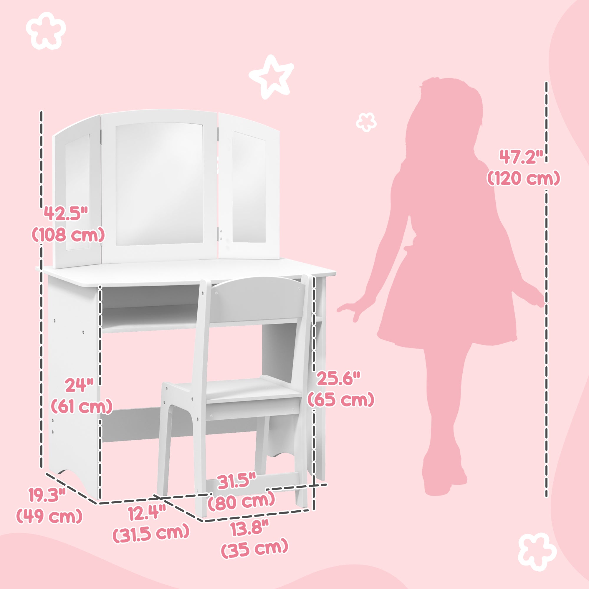 2 in 1 Kids Vanity Set Makeup Dressing Table Pretend Play Set with Tri-Folding Mirror, Stool, Storage Shelf Toy Vanity at Gallery Canada