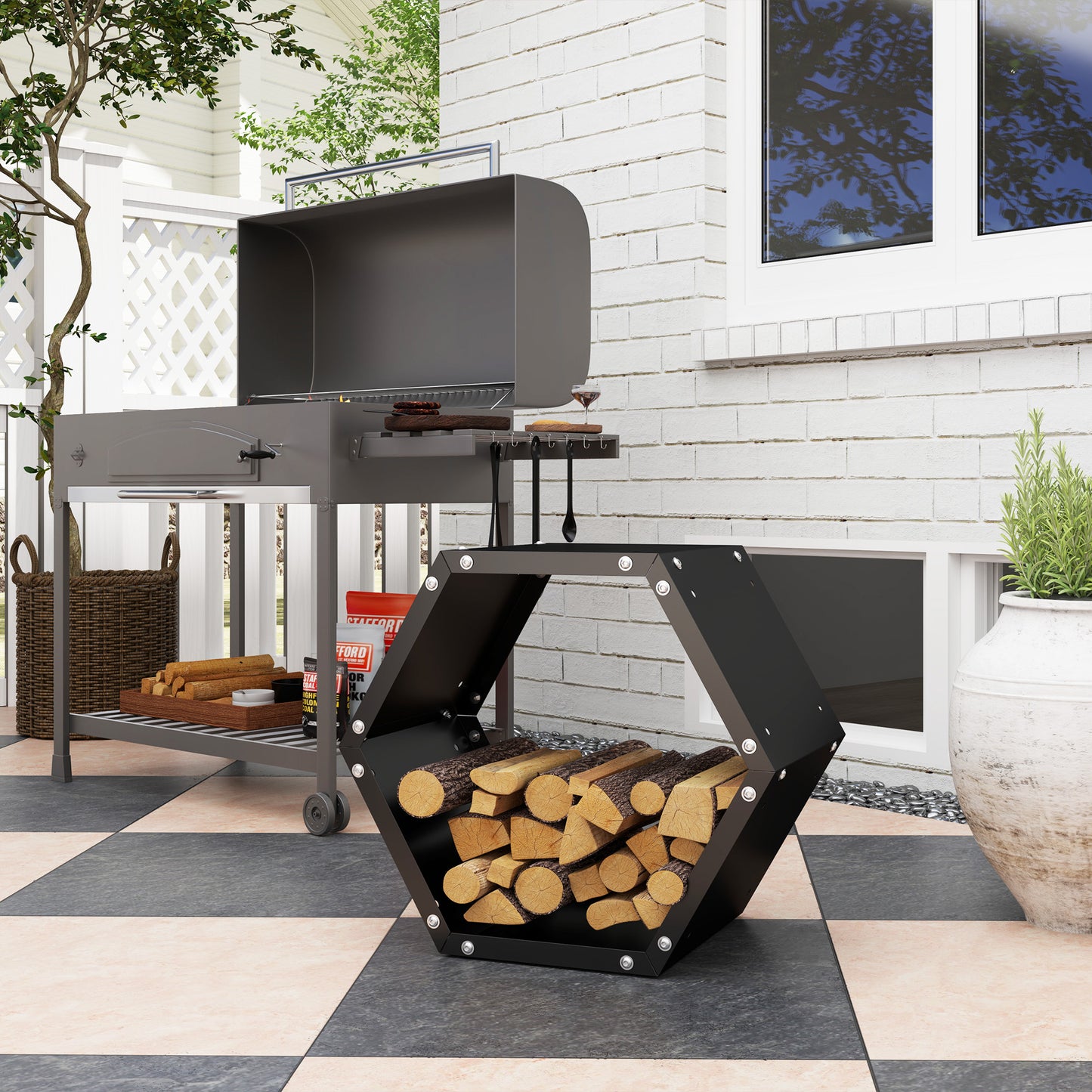 Hexagon Firewood Log Rack Heavy-Duty Steel Log Holder for Outdoor Indoor Use, 25.6" x 14.6" x 22.4", Black Firewood Racks   at Gallery Canada