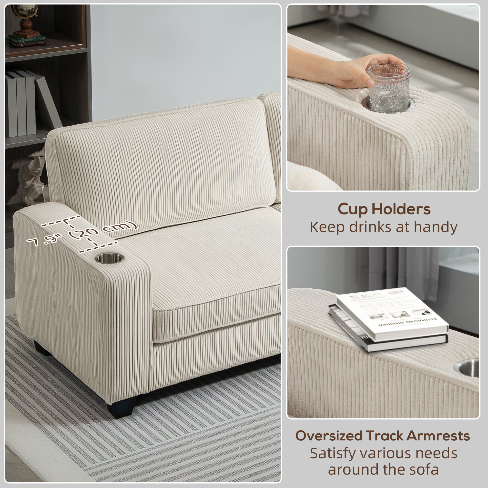 Three Seater Sofa, Fabric 3 Seater Couch with Spring Cushion and Cup Holders for Living Room, Bedroom, Cream White 3-Seater Sofas at Gallery Canada