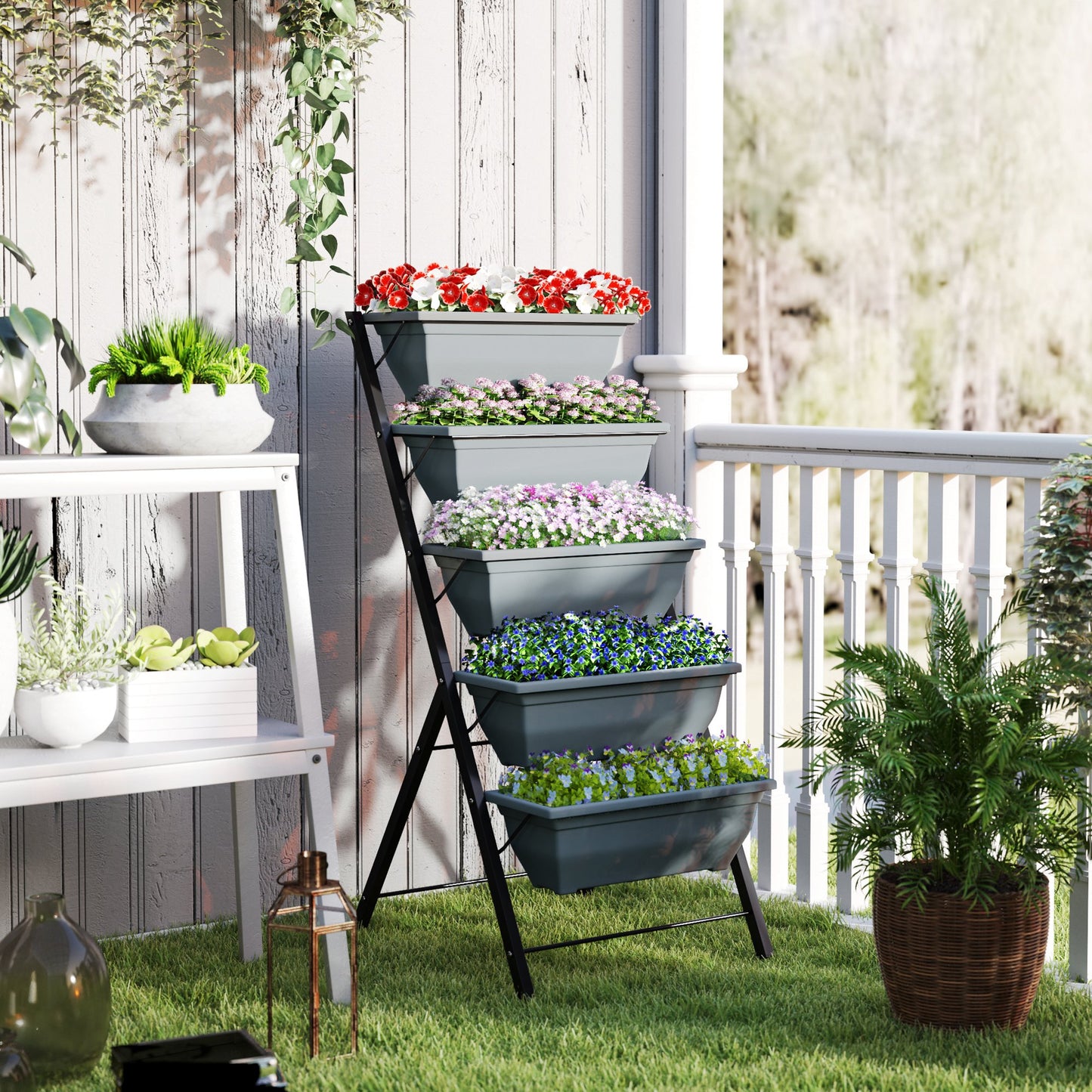 5-Tier Raised Garden Bed Plant Stand Flower Pots with Leaking Holes Grey Plant Stands at Gallery Canada