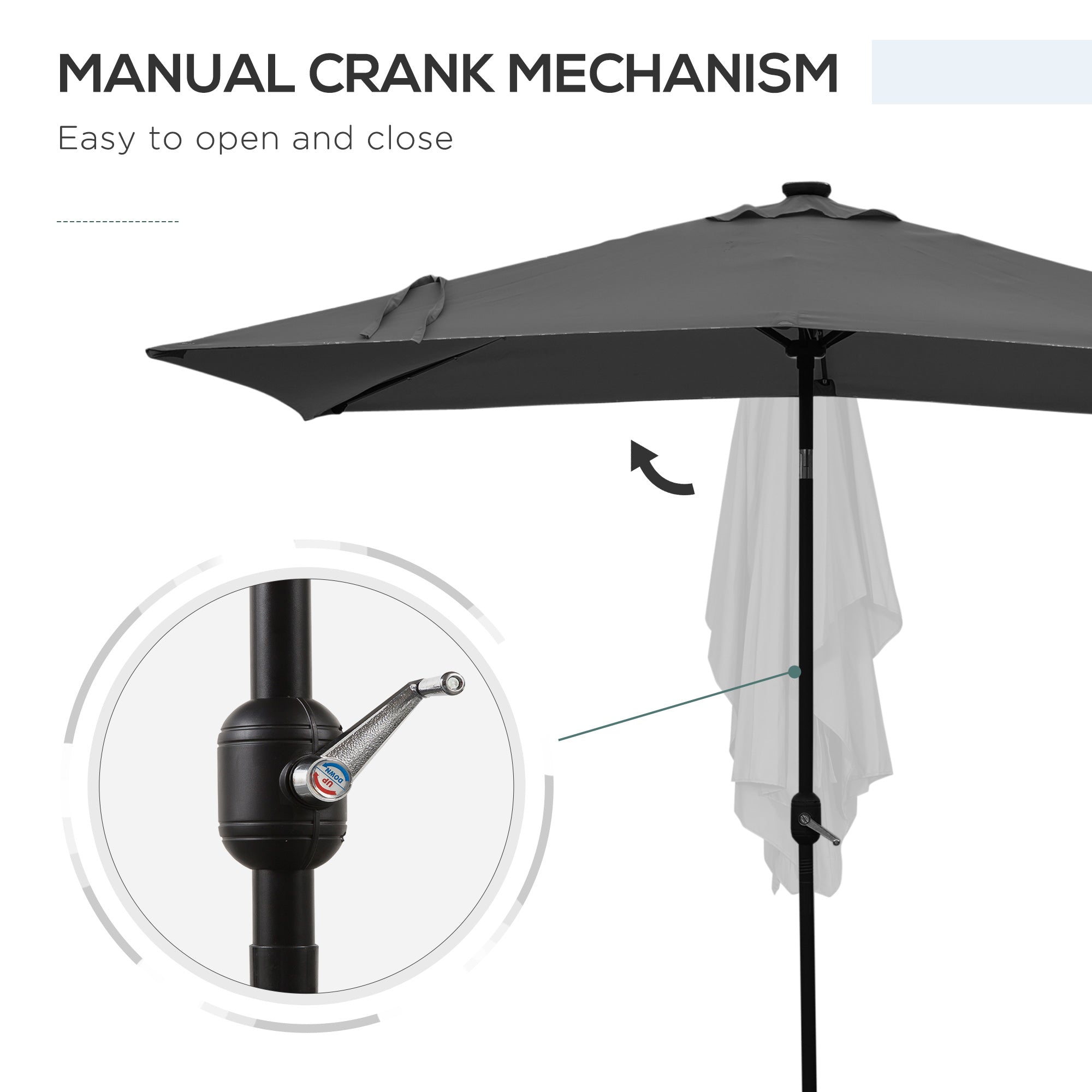 6' x 10' Patio Umbrella with 22 LED Solar Lights and Tilt, Rectangular Outdoor Table Umbrella with Crank, Dark Grey Sun Umbrellas at Gallery Canada