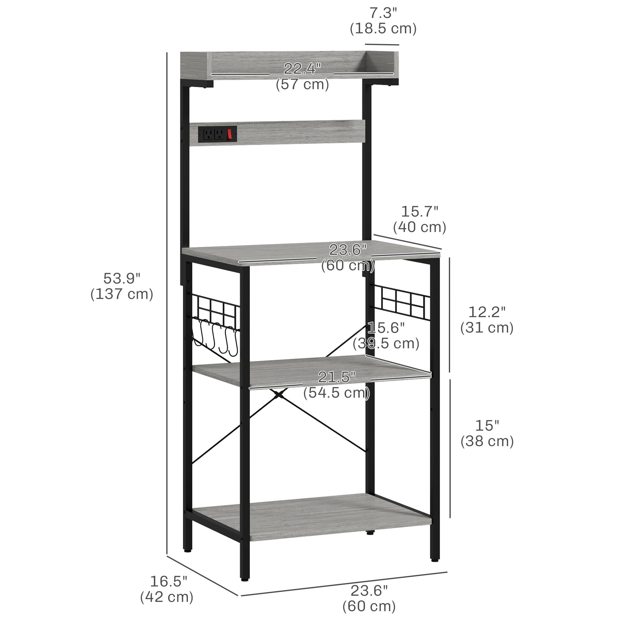 Kitchen Baker's Rack with Power Outlet, Coffee Bar Station with Adjustable Shelves and Hooks, Distressed Grey Bar Cabinets   at Gallery Canada