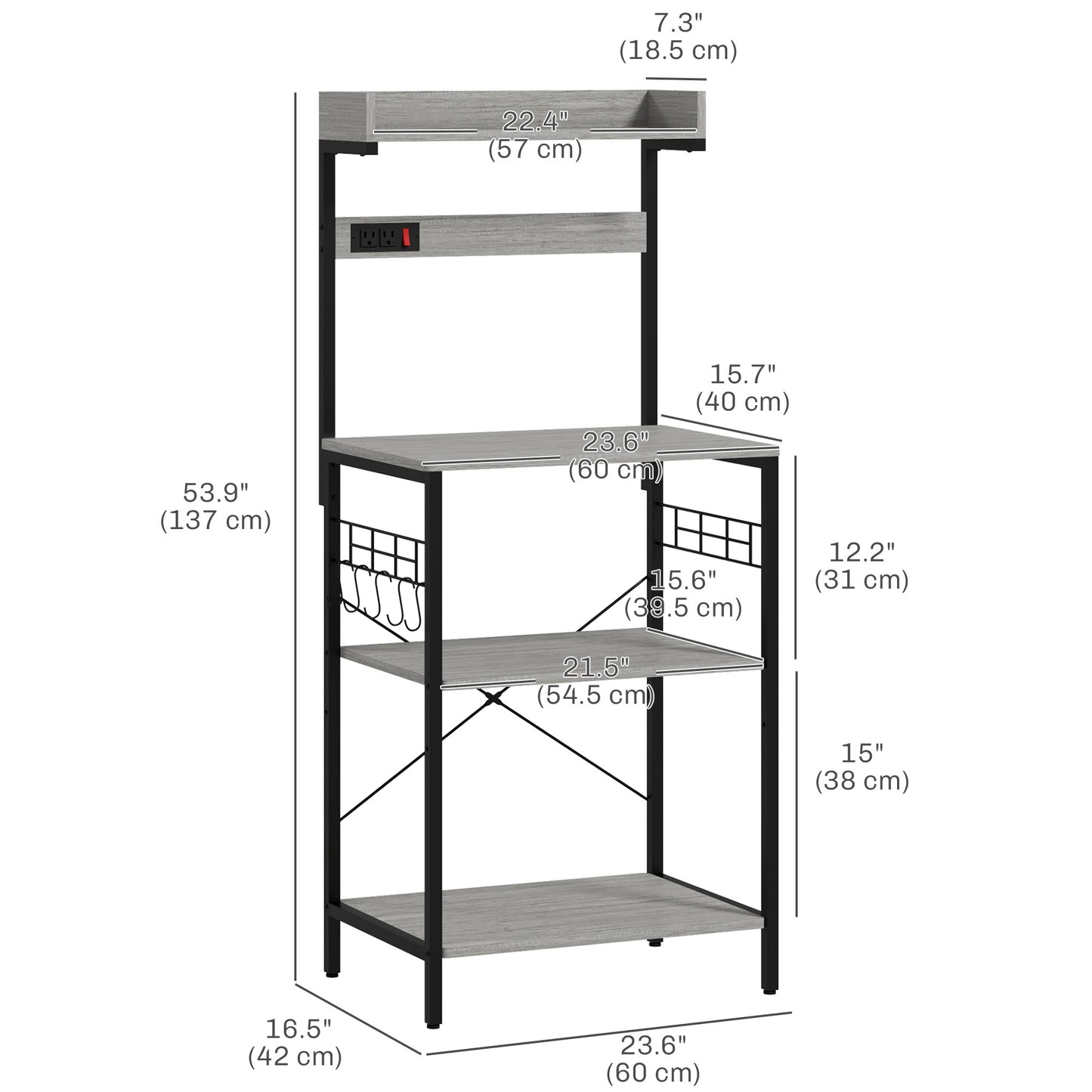 Kitchen Baker's Rack with Power Outlet, Coffee Bar Station with Adjustable Shelves and Hooks, Distressed Grey Bar Cabinets   at Gallery Canada