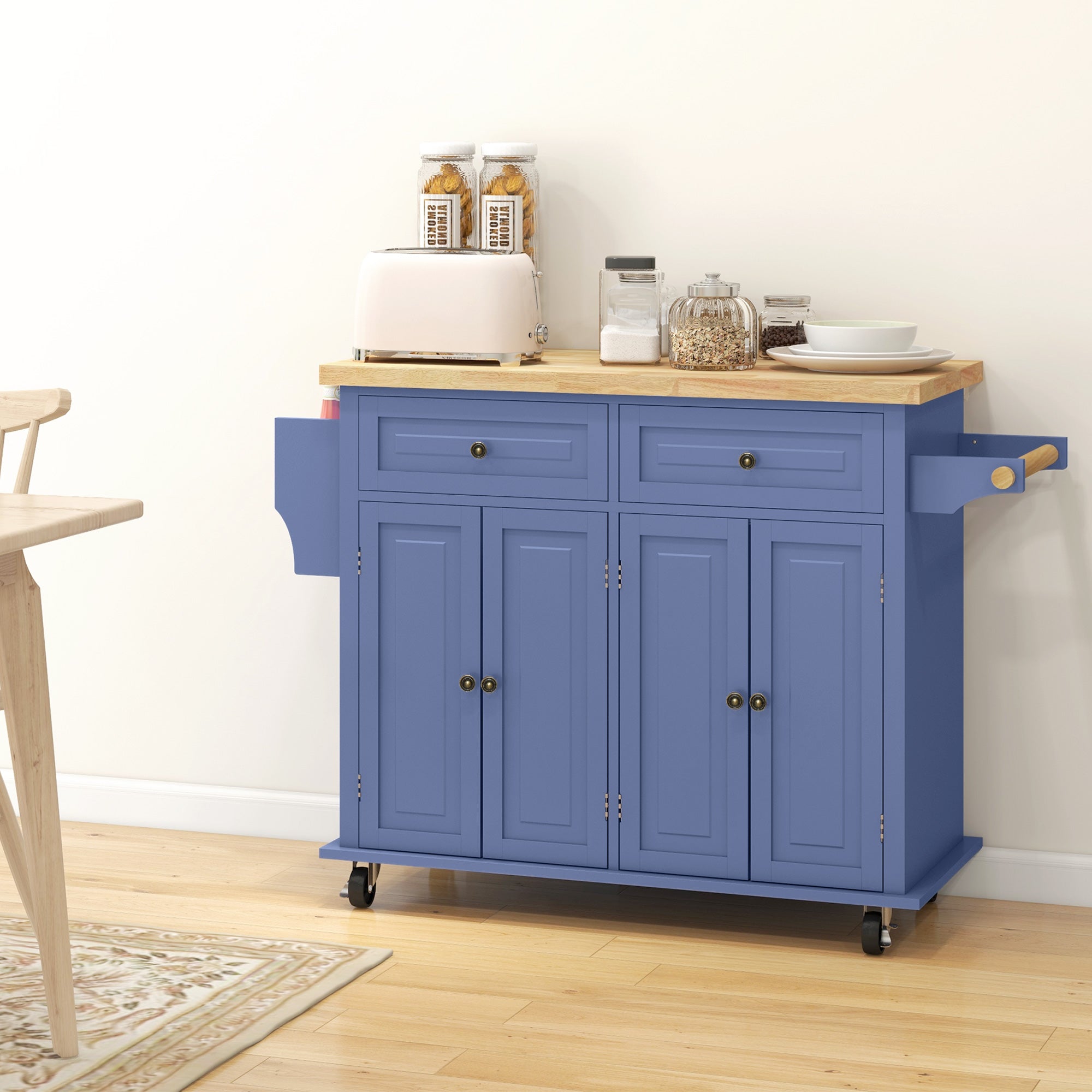 Kitchen Island with Storage, Rolling Trolley Cart with Rubber Wood Top, Spice Rack, Towel Rack, Navy Blue Kitchen Islands & Kitchen Carts   at Gallery Canada