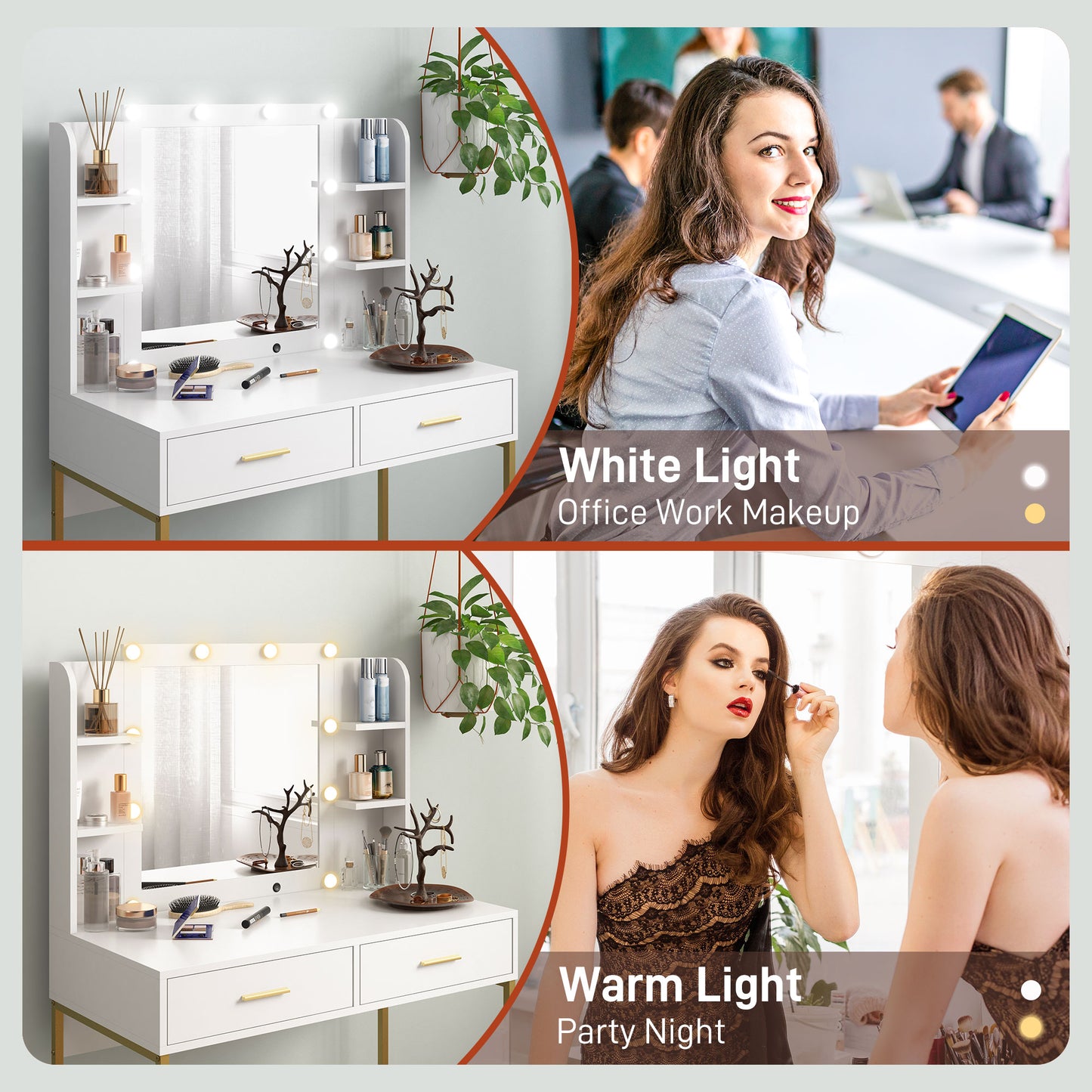 Makeup Vanity Desk Set with Lighted Mirror, Stool, Drawers, Shelves, 2 Lighting Modes, Dressing Table, White Dressing & Vanity Tables   at Gallery Canada