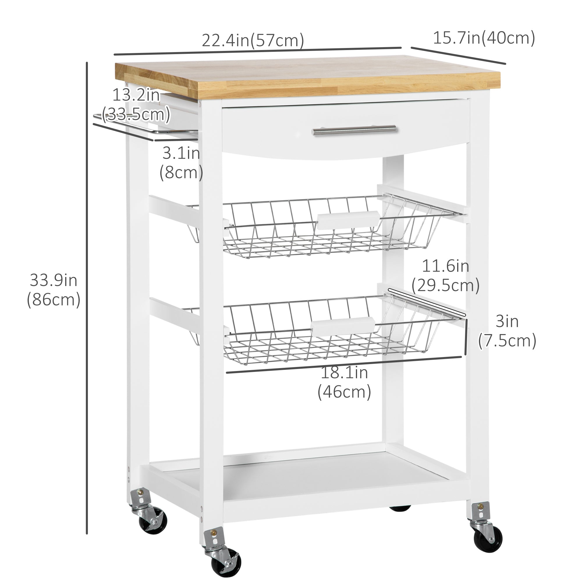 3-Tier Utility Kitchen Cart with Handle Bar, Steel Basket Rolling Kitchen Island, Food Storage Service Trolley with Wheels, Rubber Wood Top, White Kitchen Islands & Kitchen Carts   at Gallery Canada