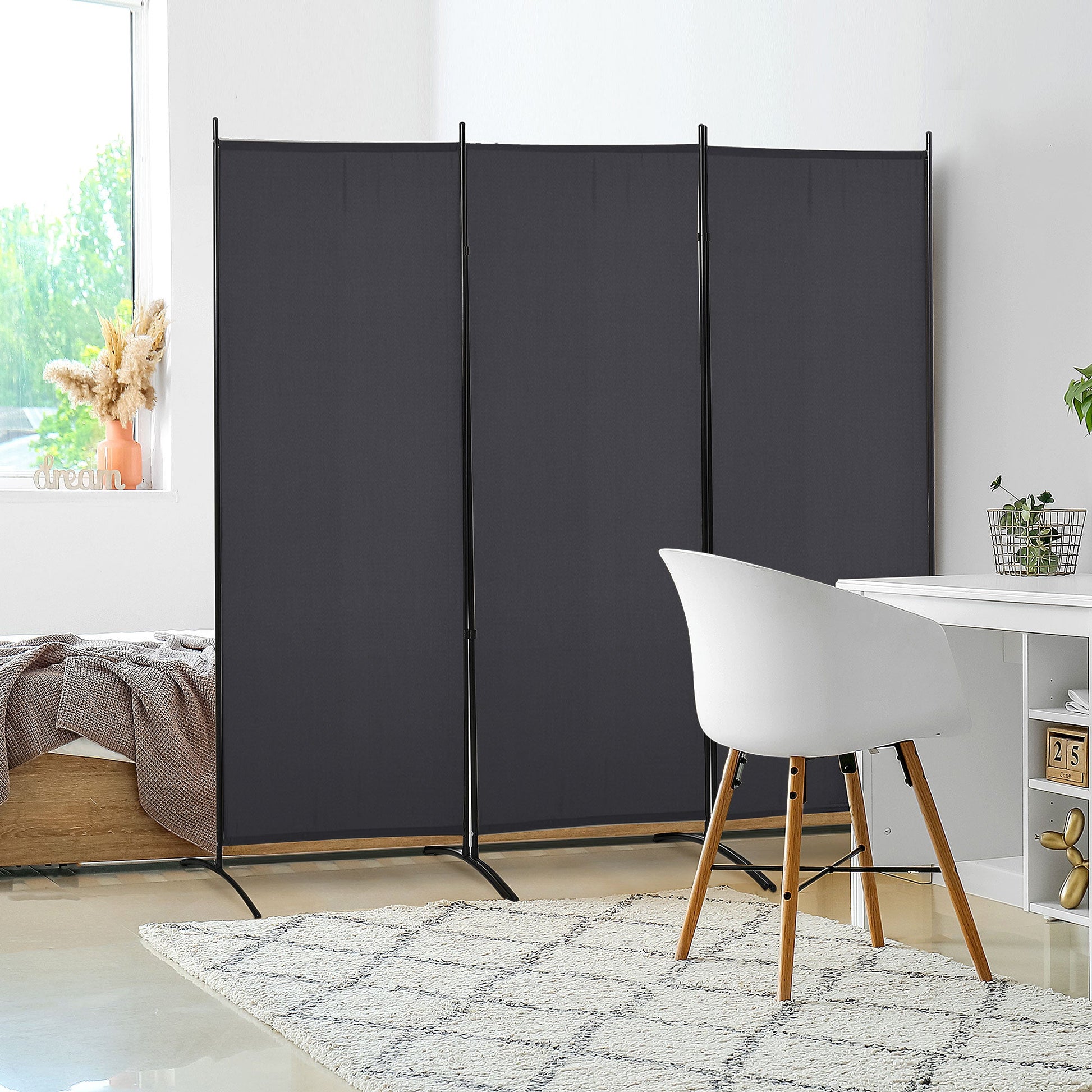 6' 3 Panel Room Divider, Double Hinged Folding Wall Divider, Indoor Privacy Screen for Home Office, Charcoal Grey Room Dividers   at Gallery Canada