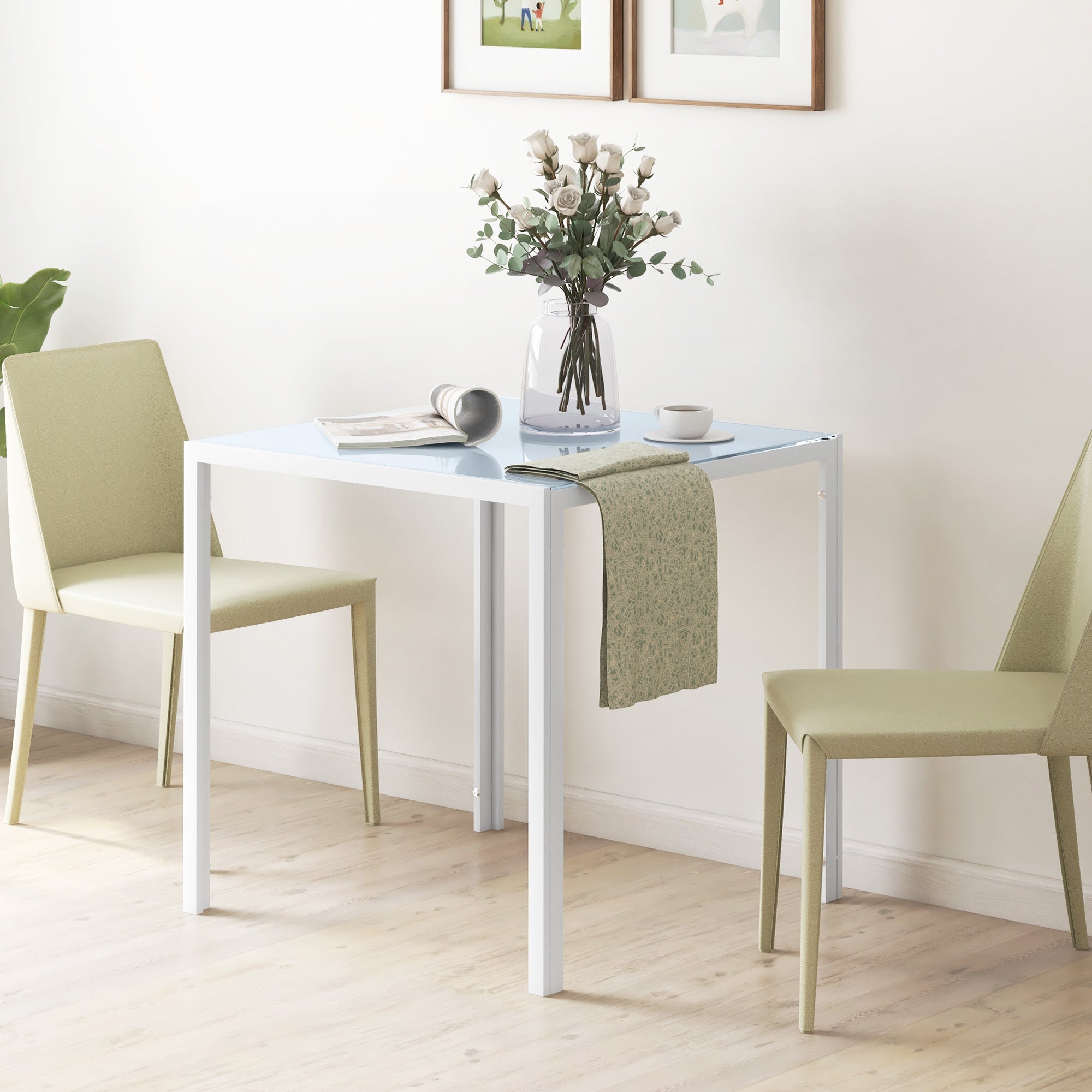 Square Kitchen Table for 2-4 People, Dining Table with Glass Top and Steel Legs for Dining Room, White Dining Tables White  at Gallery Canada