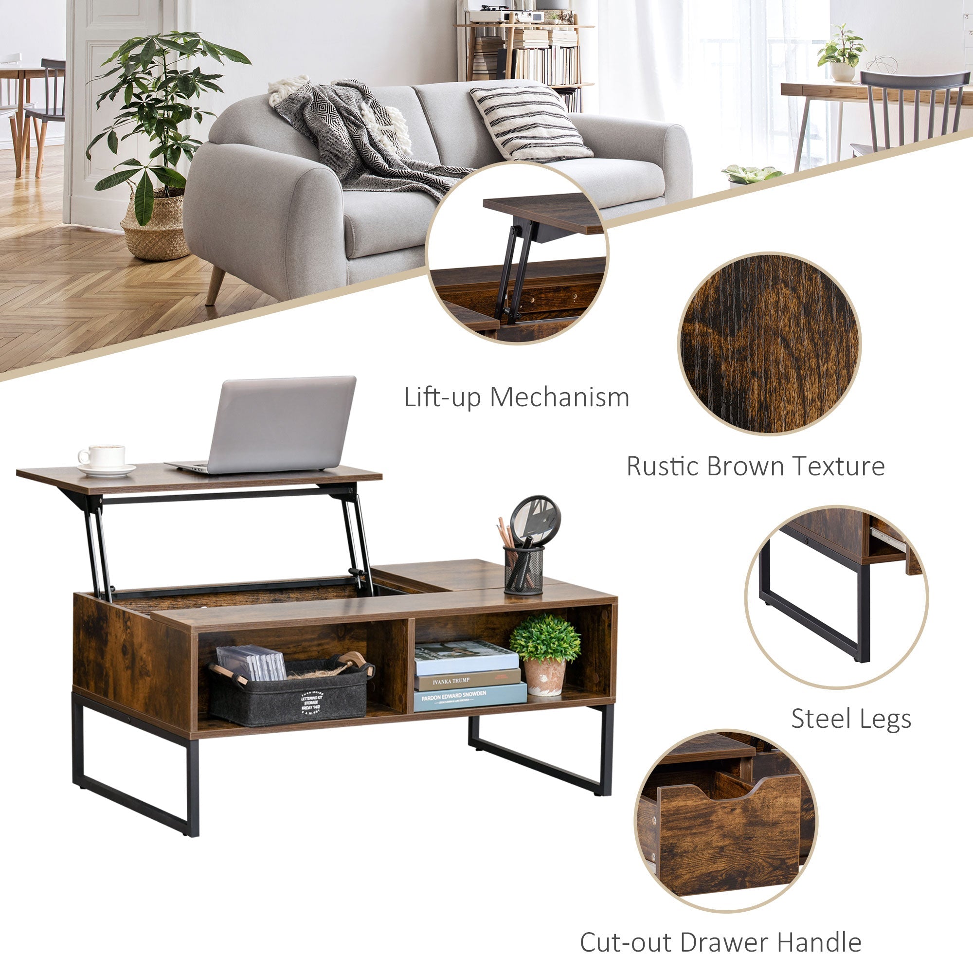 Lift Top Coffee Table with Hidden Storage, Side Drawer, Metal Frame, Tigerwood Coffee Tables   at Gallery Canada