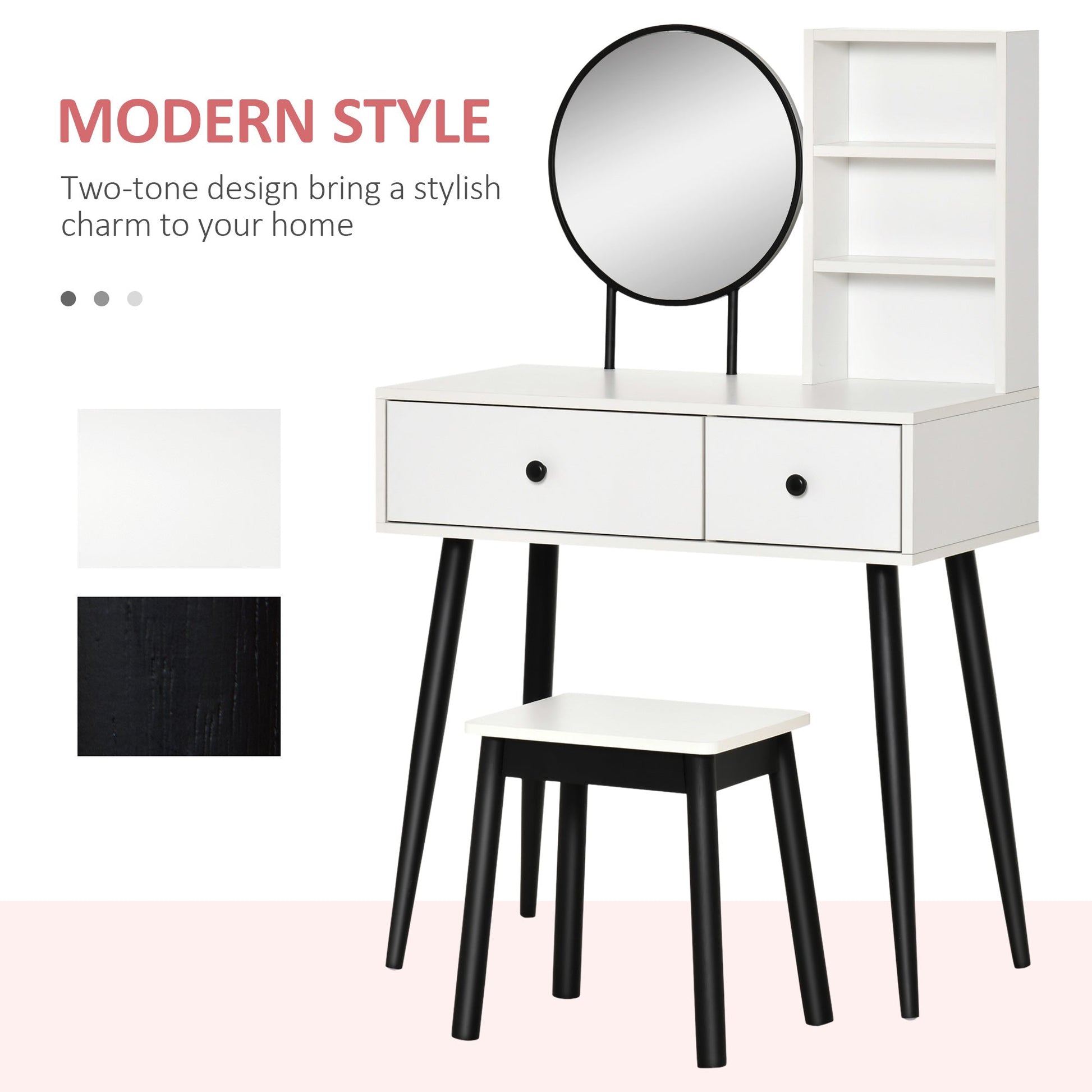 Vanity Set, Makeup Dressing Table Set with Stool, Wood Vanity Desk with Mirror, Storage Drawers and Shelf for Bedroom, White and Black Dressing & Vanity Tables   at Gallery Canada