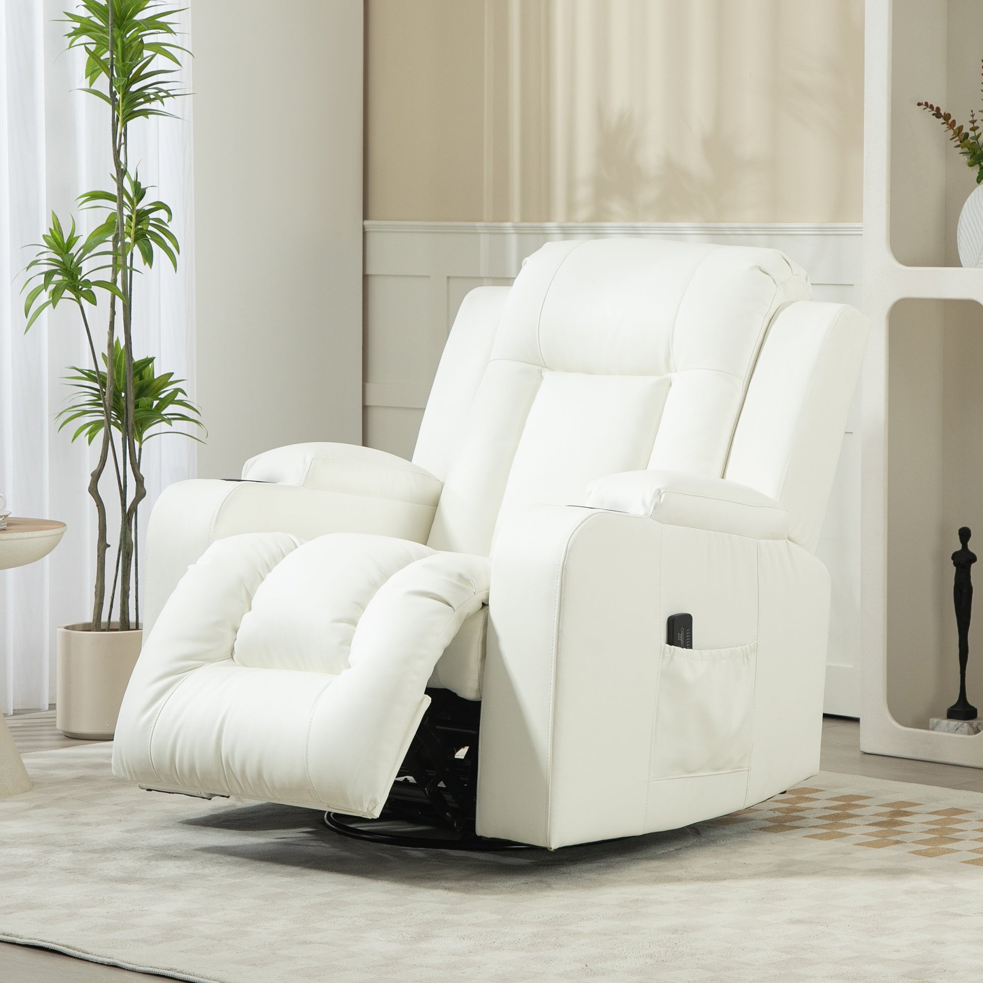 Massage Recliner Chair for Living Room with 8 Vibration, Overstuffed PU Leather Manual Reclining Chair with Wide Seat, Cup Holders, 360° Swivel, Rocking, Cream White Single Sofas at Gallery Canada
