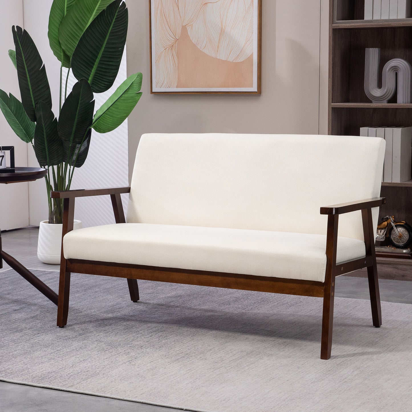 Compact Loveseat Sofa Couch Linen Fabric Double Seat Sofa with Rubber Wood Legs Cream White 2-Seater Sofas   at Gallery Canada