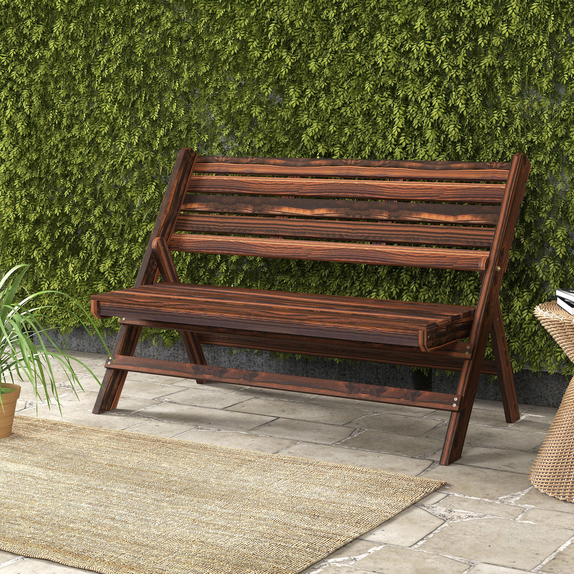 2-Seater Wooden Outdoor Bench, Foldable Garden Bench with Slatted Backrest and Seat, Patio Loveseat, Carbonised Finish Outdoor Benches at Gallery Canada
