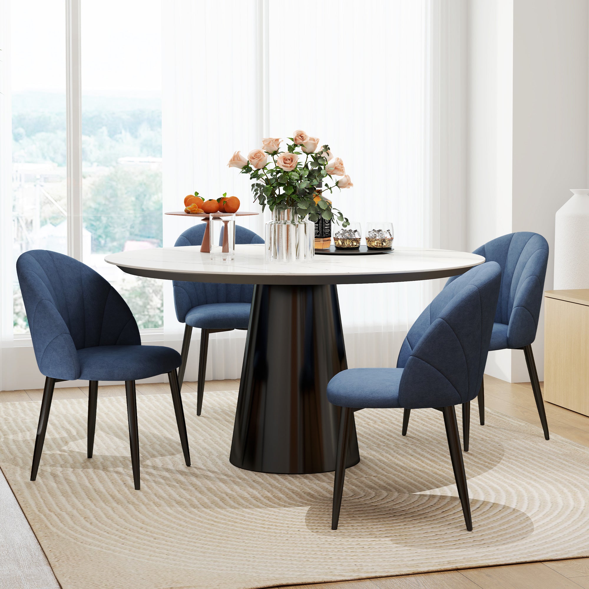 Modern Dining Chairs Set of 4, Upholstered Dining Room Chairs with Metal Legs, Shell Backrest, Padded Seat, Blue Dining Chairs at Gallery Canada
