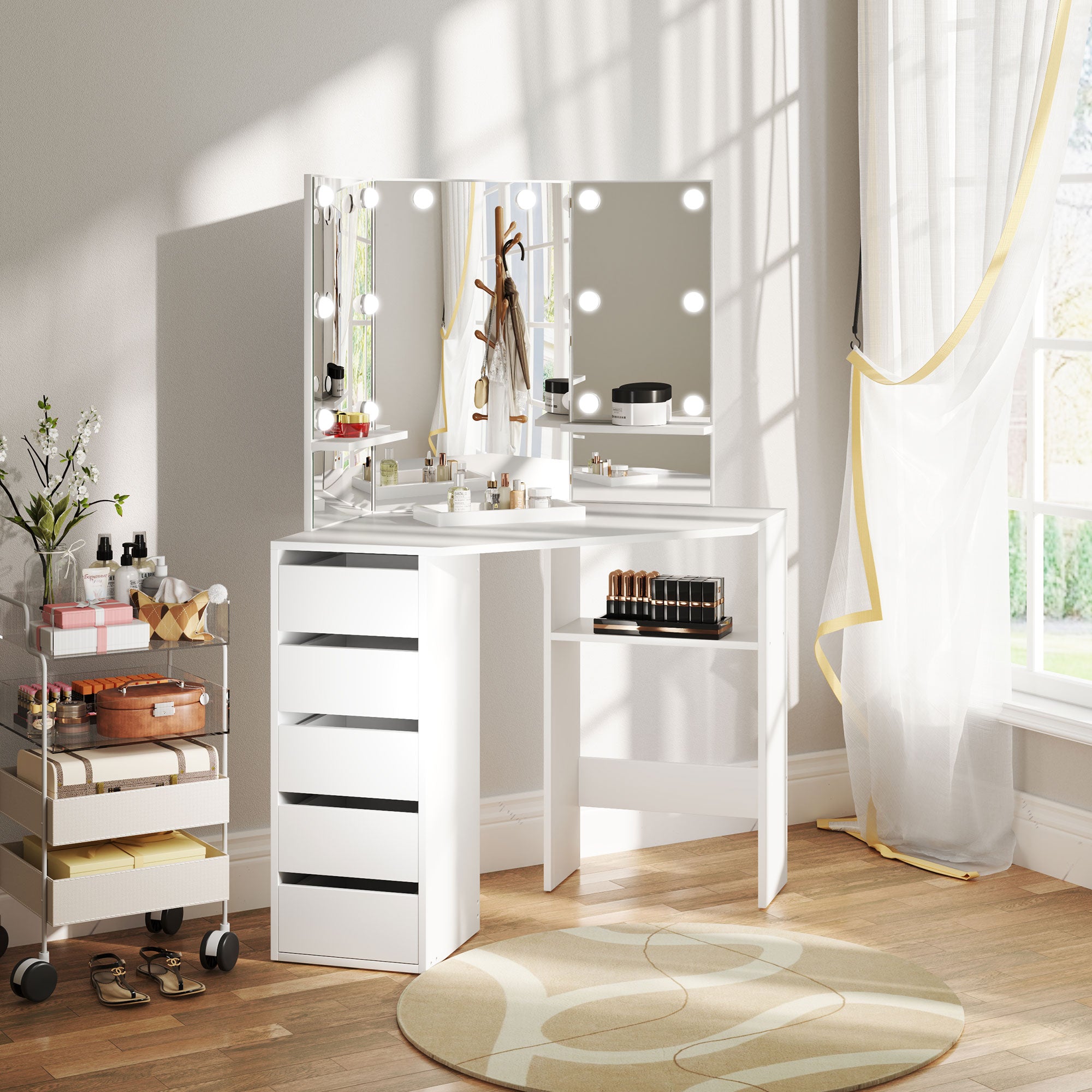 Makeup Vanity Desk with 3-Panel Mirror and 10 LED Lights, Dressing Table with 5 Drawers and Shelves for Bedroom, White Dressing & Vanity Tables at Gallery Canada