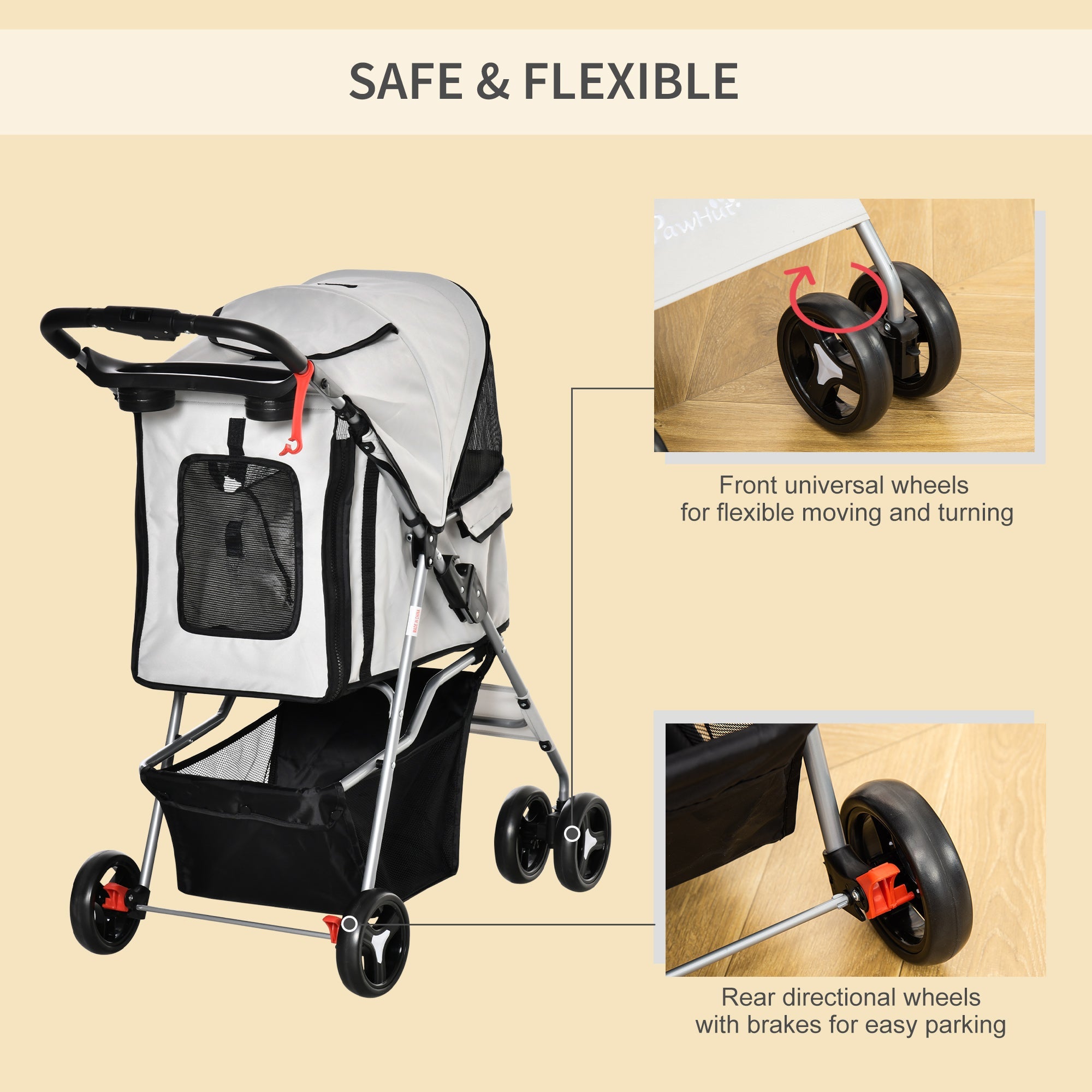 Foldable Pet Stroller Carrier with 4 Wheels, Cup Holder, Storage Basket, Grey Dog Bike Trailers & Strollers   at Gallery Canada