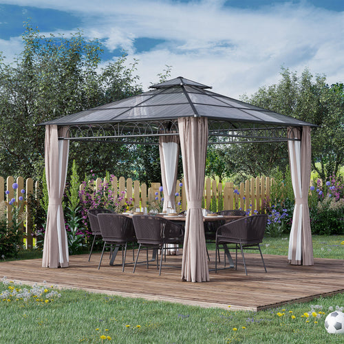 9' x 10' Outdoor Hardtop Gazebo Canopy w/ Double PC Roof, Steel Frame, Nettings, Curtains for Garden Lawn Deck, Khaki