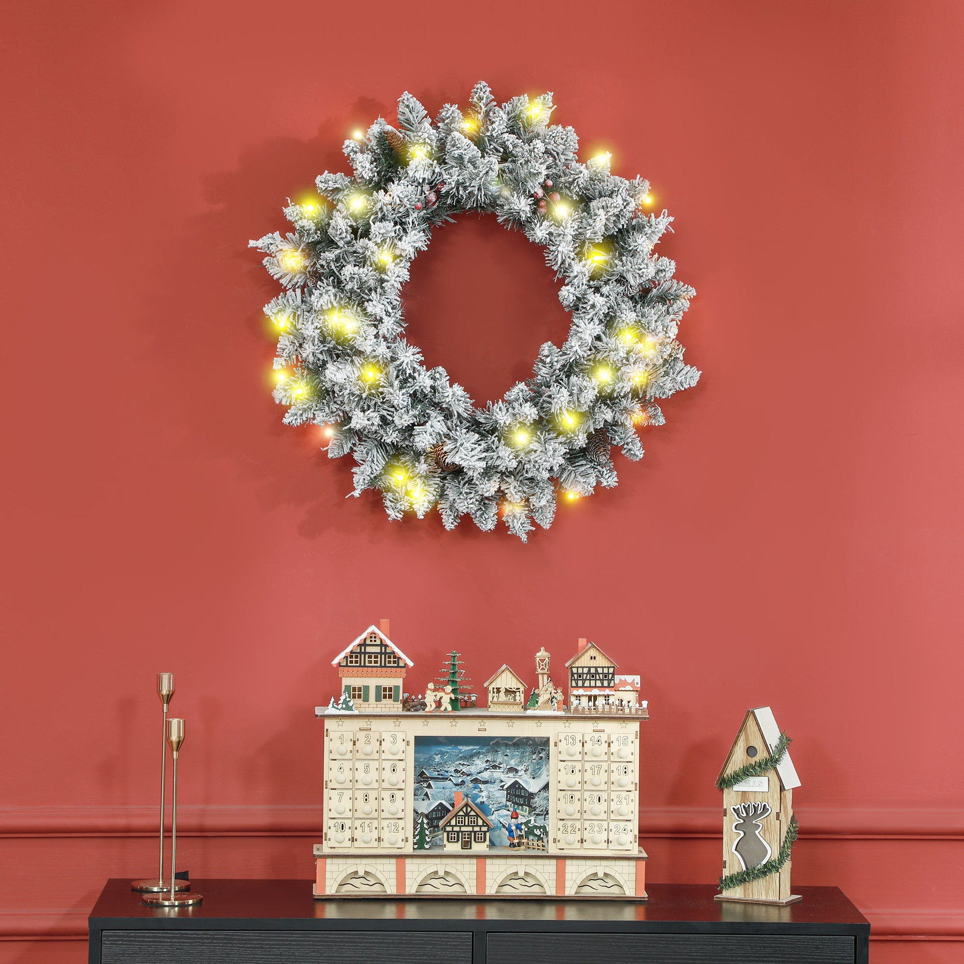 24" Christmas Front Door Wreath with Lights Flocked Christmas Wreath with Pine Cones and Red Berries for Windows Green Christmas Wreaths   at Gallery Canada