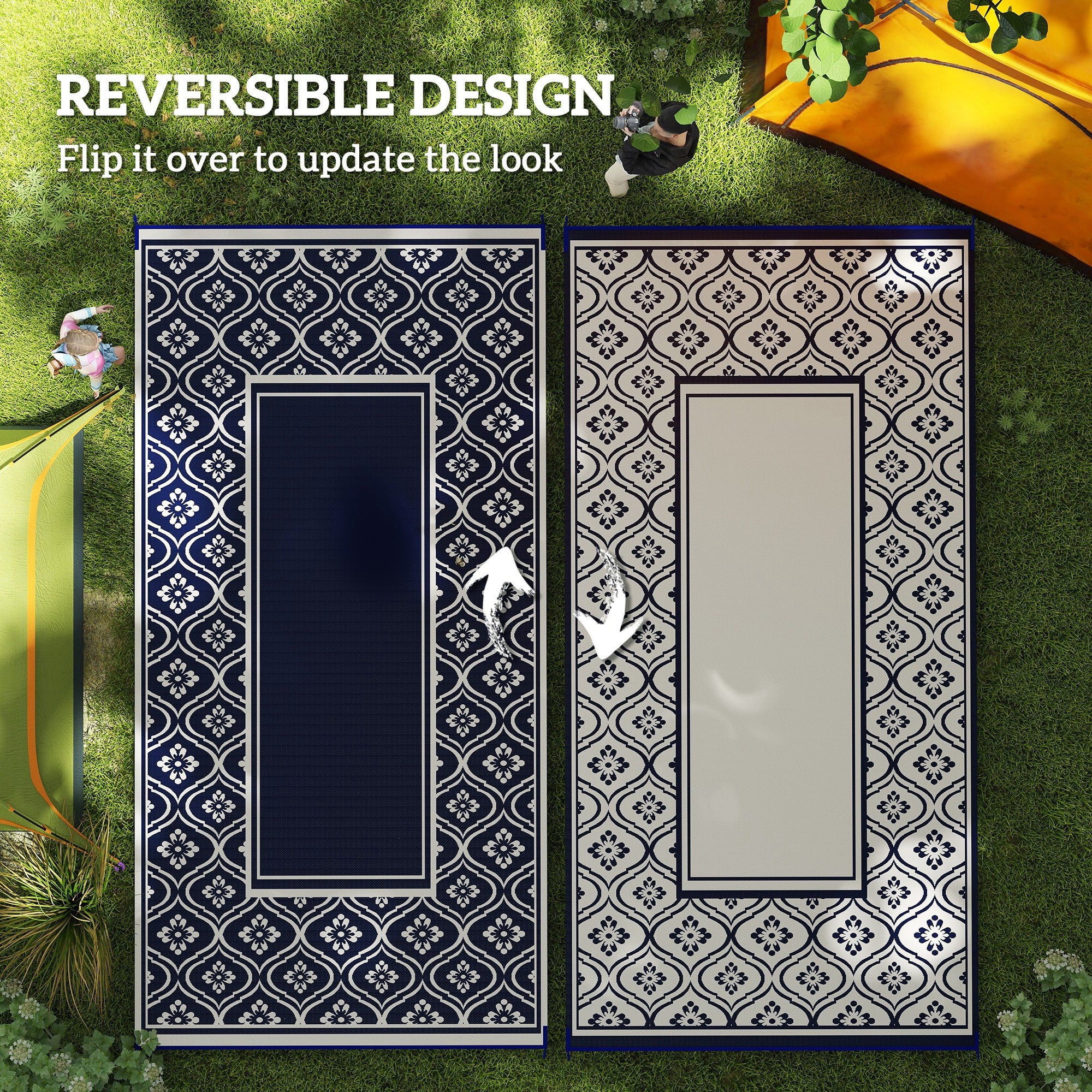 9' x 18' Outdoor RV Rug, Reversible Patio Floor Mat with Carry Bag, Gourd Border, Blue and White Garden Decor at Gallery Canada