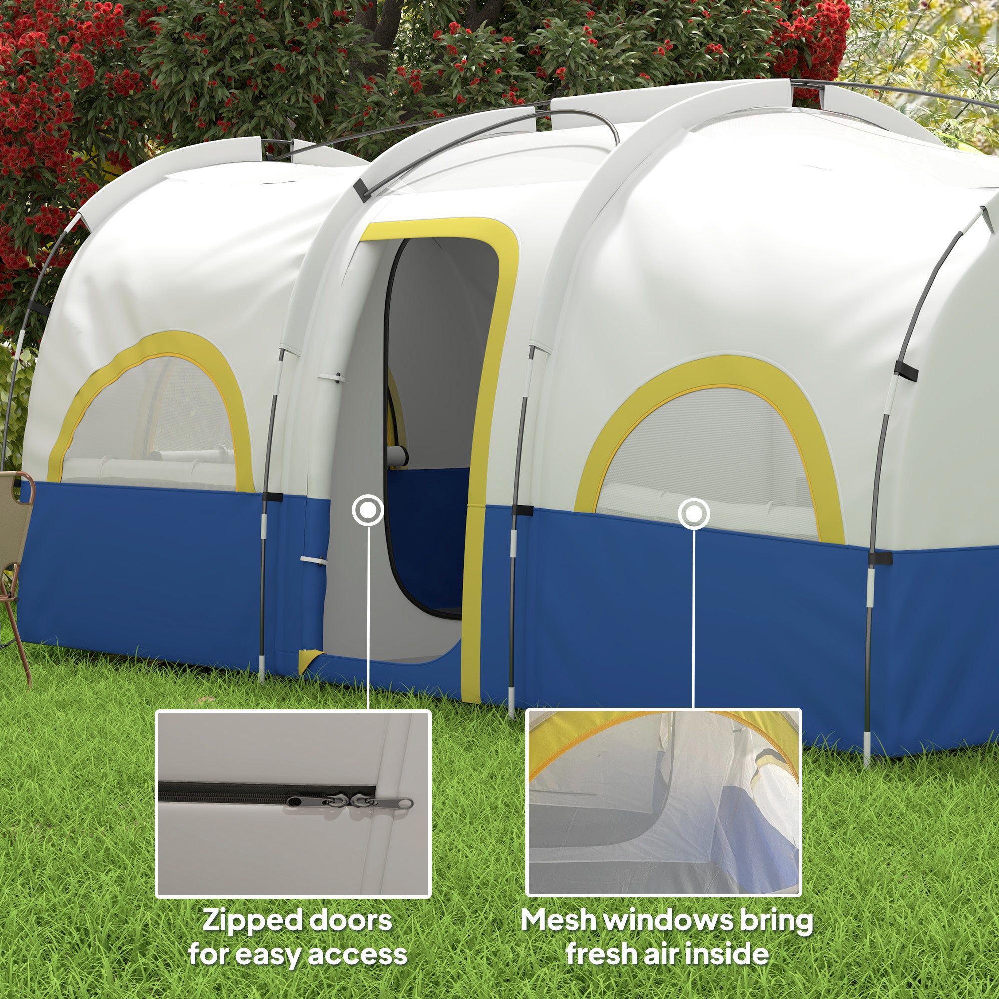 4-6 Person Camping Tent, 3 Room Cabin Tent, 3000mm Waterproof and UPF30+ with Sewn in Groundsheet and Carry Bag, Blue Camping Tents at Gallery Canada