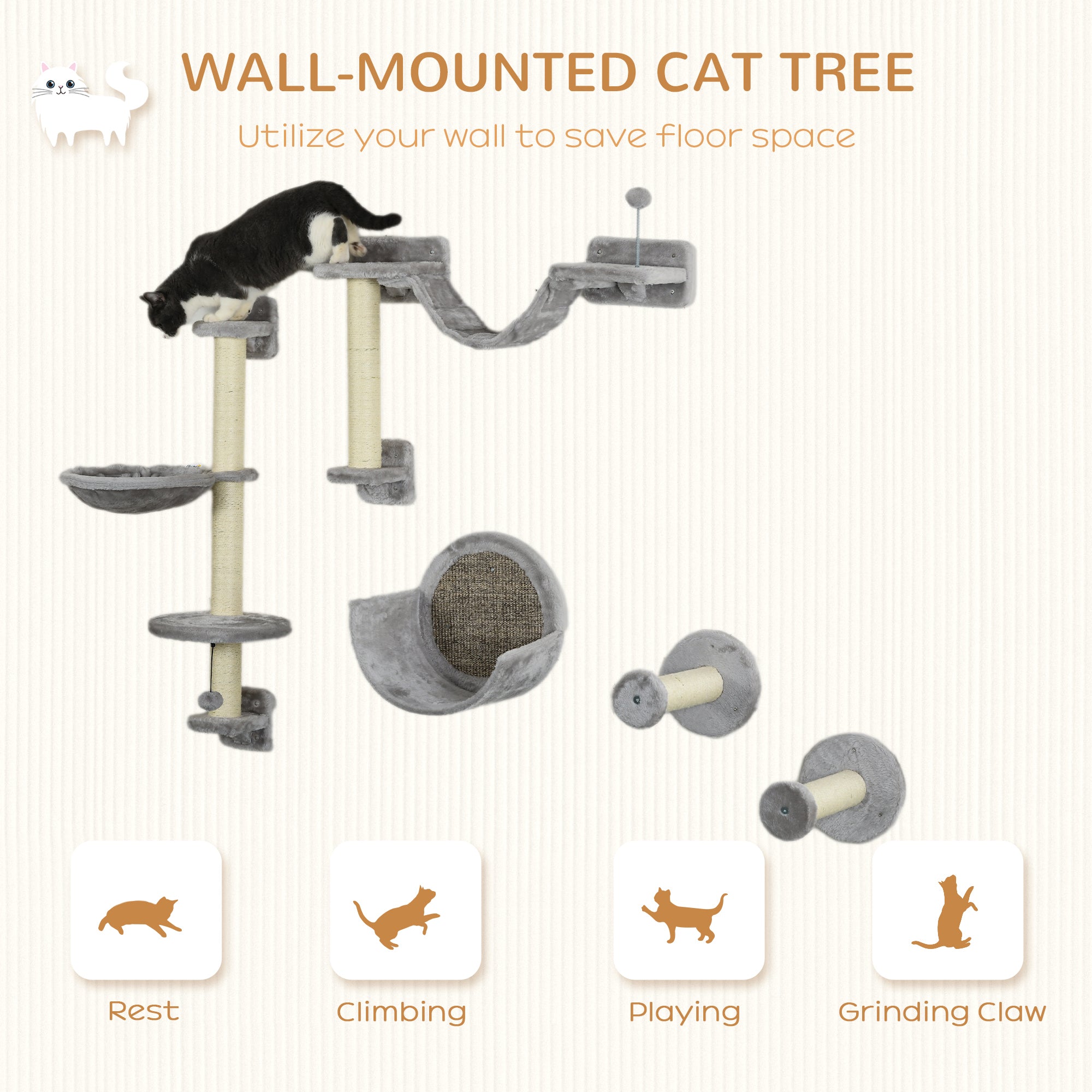 5PCs Cat Wall Shelves with Hammock, Scratching Posts, Perches, Ladder, for Indoor Cats, Grey Cat Climbing Wall   at Gallery Canada