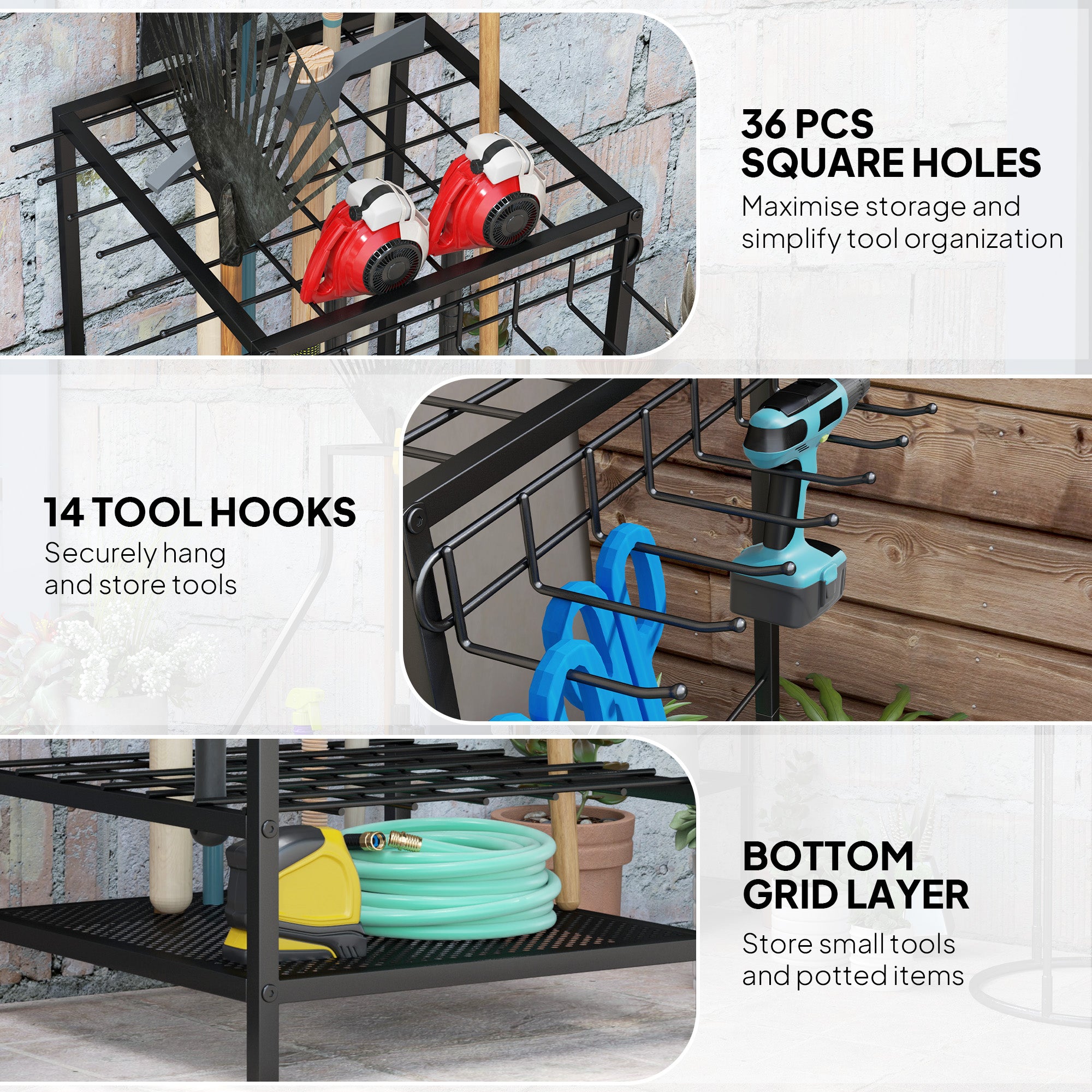 3-Tier Yard Tool Tower Rack, Garden Tool Organizer with 14 Hooks for Long-Handled Rakes, Shovel, Broom, Black Garden Accessories at Gallery Canada