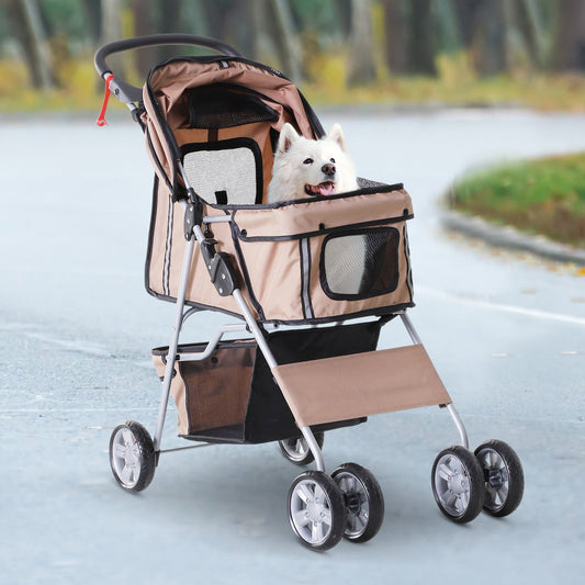 4 Wheel Dog Pet Stroller Dog Cat Carrier Folding Sunshade Canopy with Brake, Brown - Gallery Canada