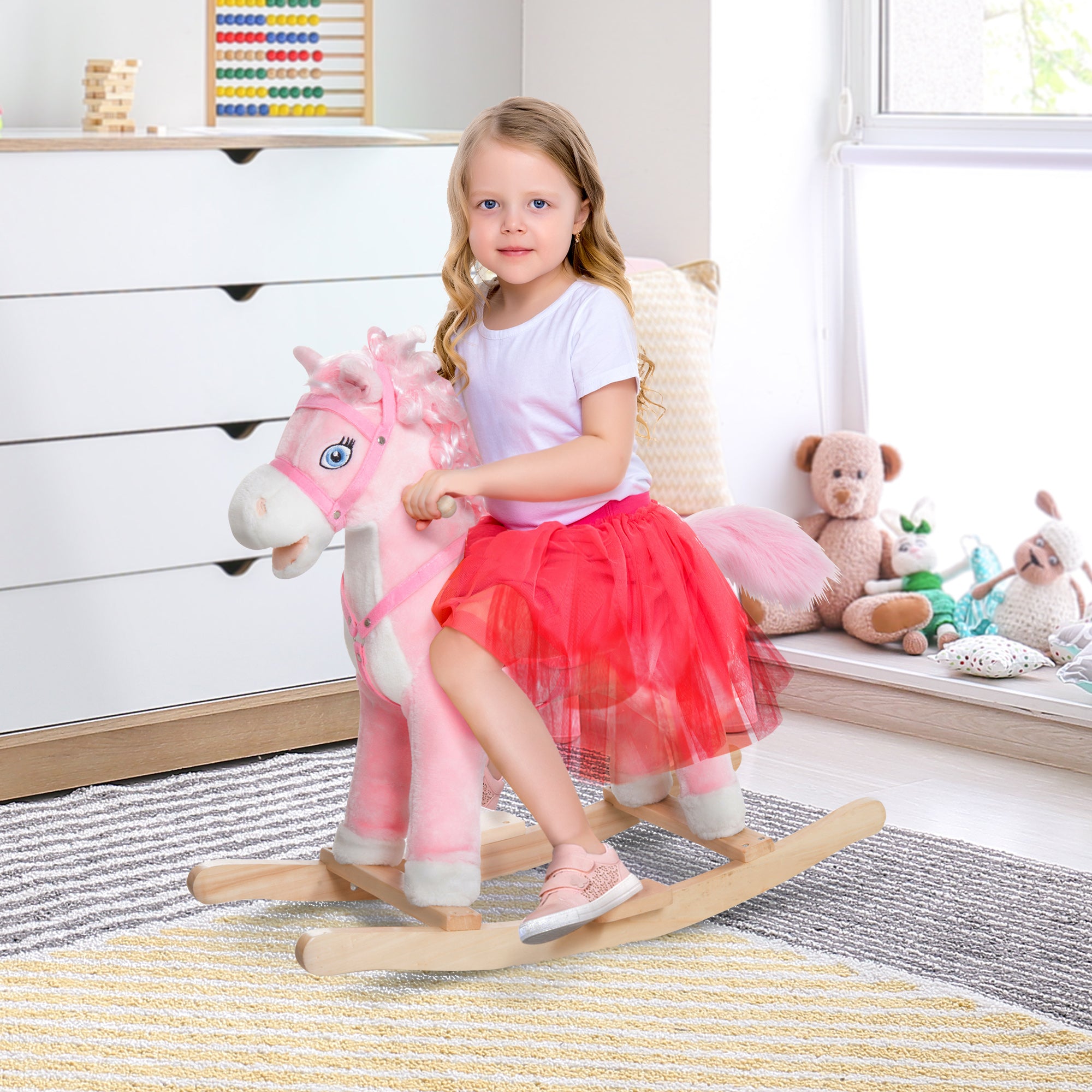 Kids Plush Rocking Horse Child Ride On Toy Rocker with Realistic Sounds Pink Rocking Horses at Gallery Canada