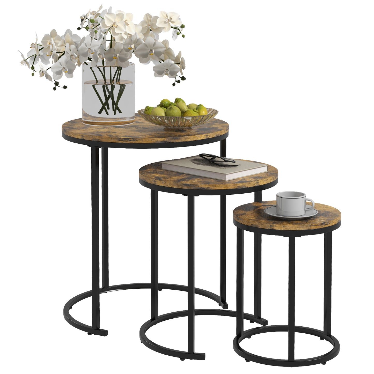 Nesting Coffee Tables Set of 3, Stacking Round Side Tables with Steel Frame for Living Room, Rustic Brown Side Tables   at Gallery Canada