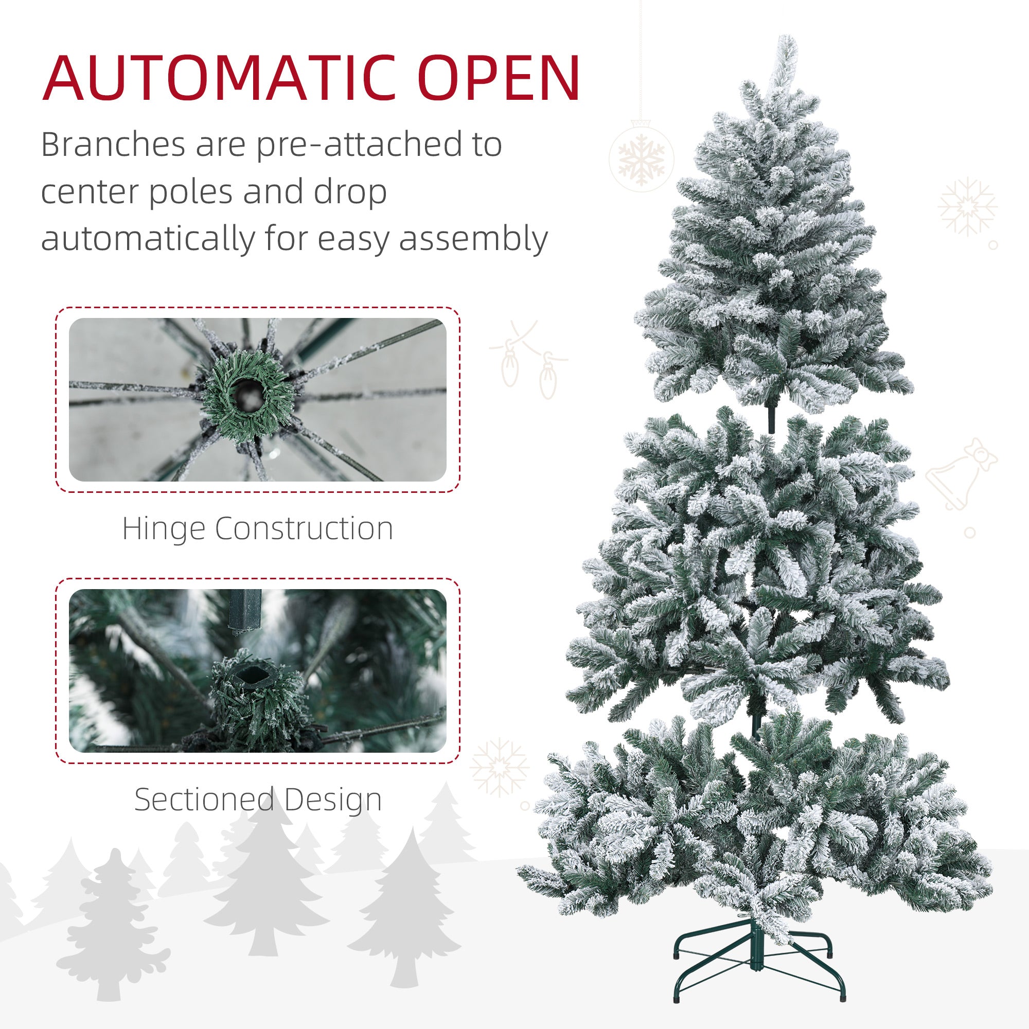 6 Foot Artificial Flocked Christmas Tree with Snow, Metal Stand, Hinged Xmas Tree for Home Office Holiday Flocked Christmas Trees   at Gallery Canada