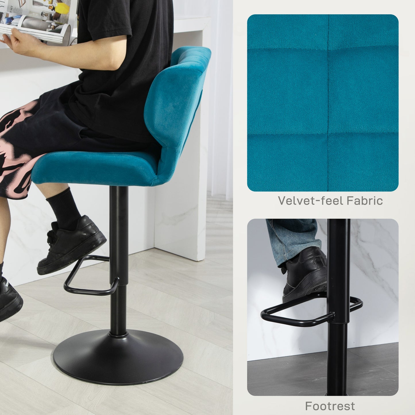 Swivel Tufted Velvet-feel Fabric Barstools Set of 2 Adjustable Bar Stools with Footrest for Counter Dining Room Blue Bar Stools   at Gallery Canada