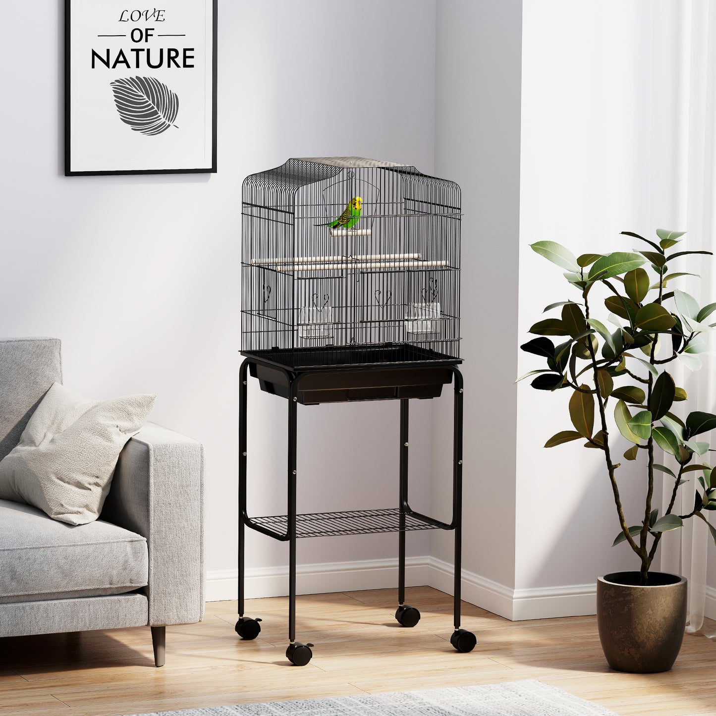 49" Rolling Bird Cage Cockatoo House Play Top Finch Pet Supply with Storage Shelf, Wheels - Black Bird Cages Black at Gallery Canada