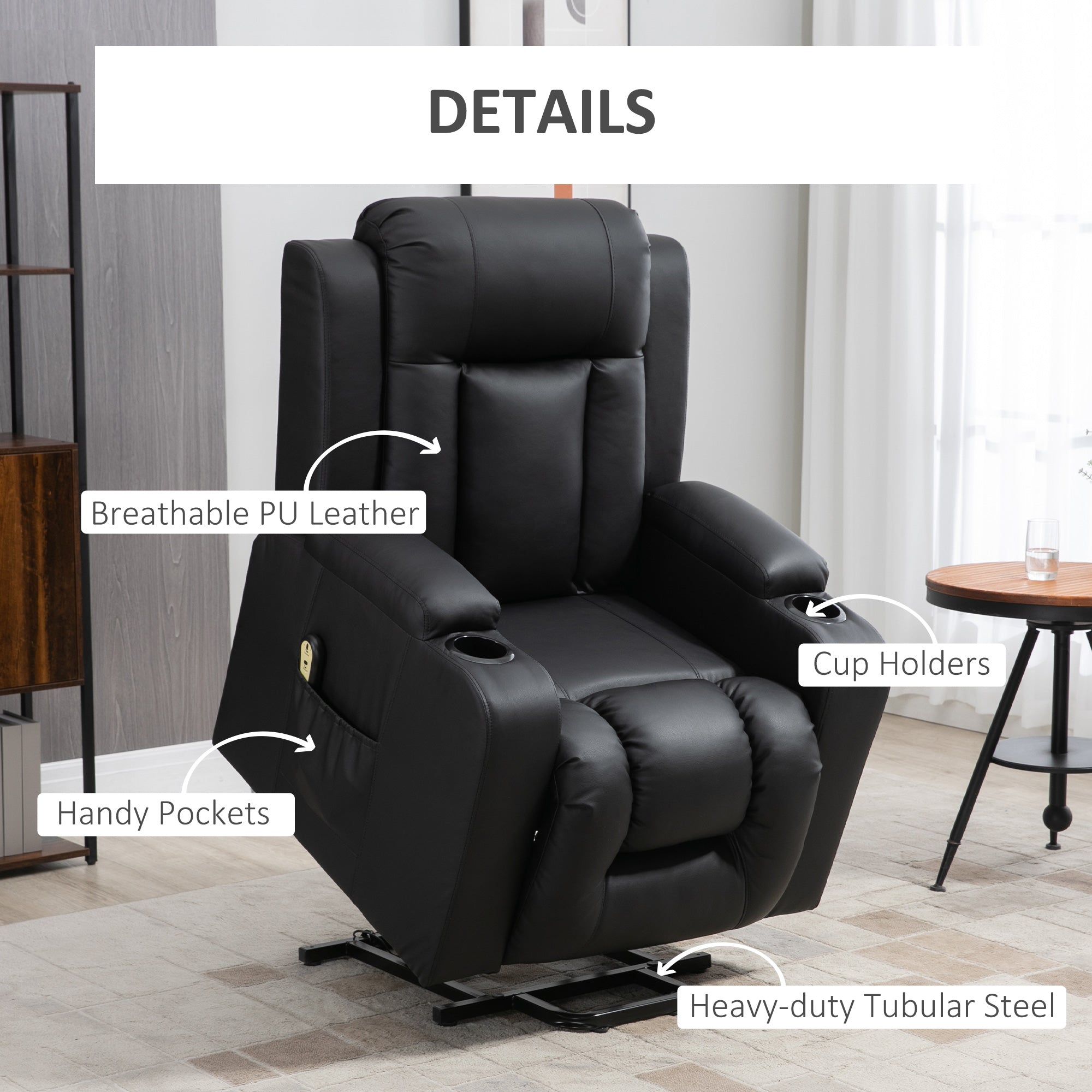 Electric Power Lift Chair, PU Leather Recliner Sofa with Footrest, Remote Control and Cup Holders, Black Electric Power Lift Chairs   at Gallery Canada