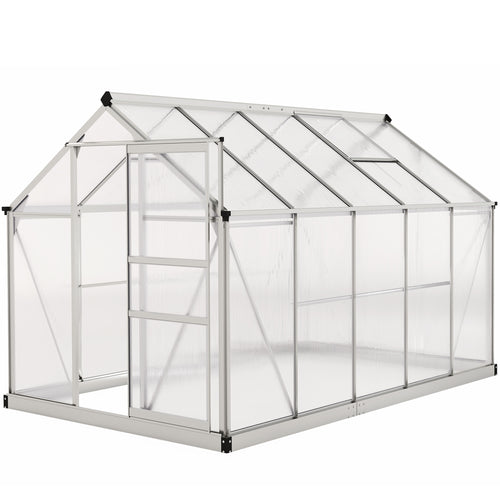 6' x 10' x 6.6' Polycarbonate Greenhouse, Walk-In Green House Kit Garden, Plants Grow, Galvanized Sheet Aluminum Frame with Rain Gutter, Vents and Sliding Door, Sliver