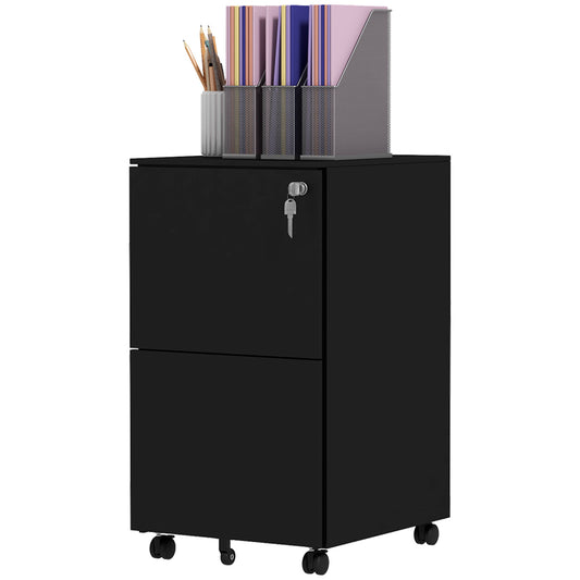 Vertical Steel Filing Cabinet on Wheels, 2-Drawer Lockable File Cabinet with Adjustable Hanging Bar for A4, Legal and Letter Size, Black Office Cabinets & Cupboards Black  at Gallery Canada