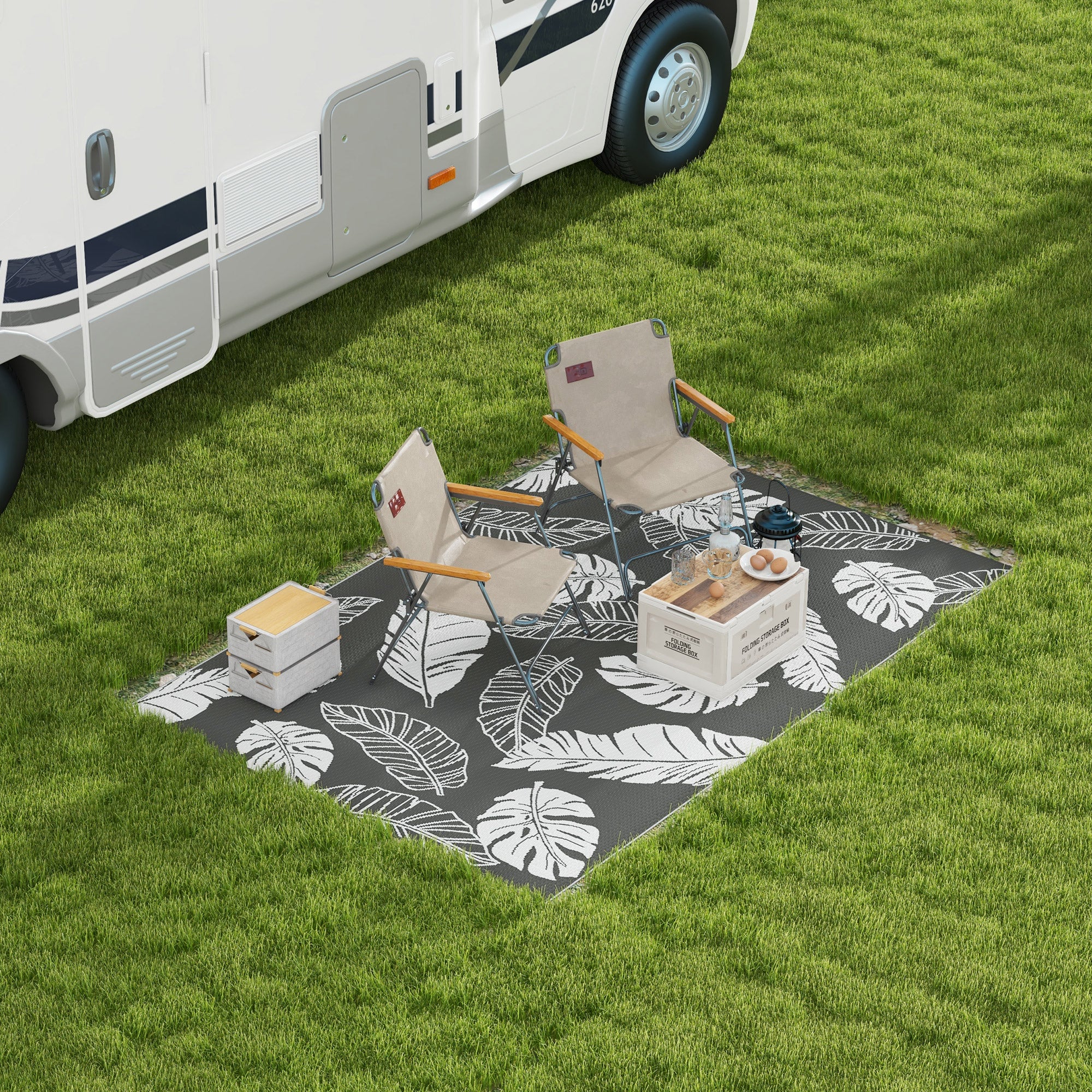 Reversible Outdoor RV Rug, Patio Floor Mat, 6' x 9' Plastic Rug for Backyard, Deck, Beach, Camping, Grey and White Garden Decor at Gallery Canada