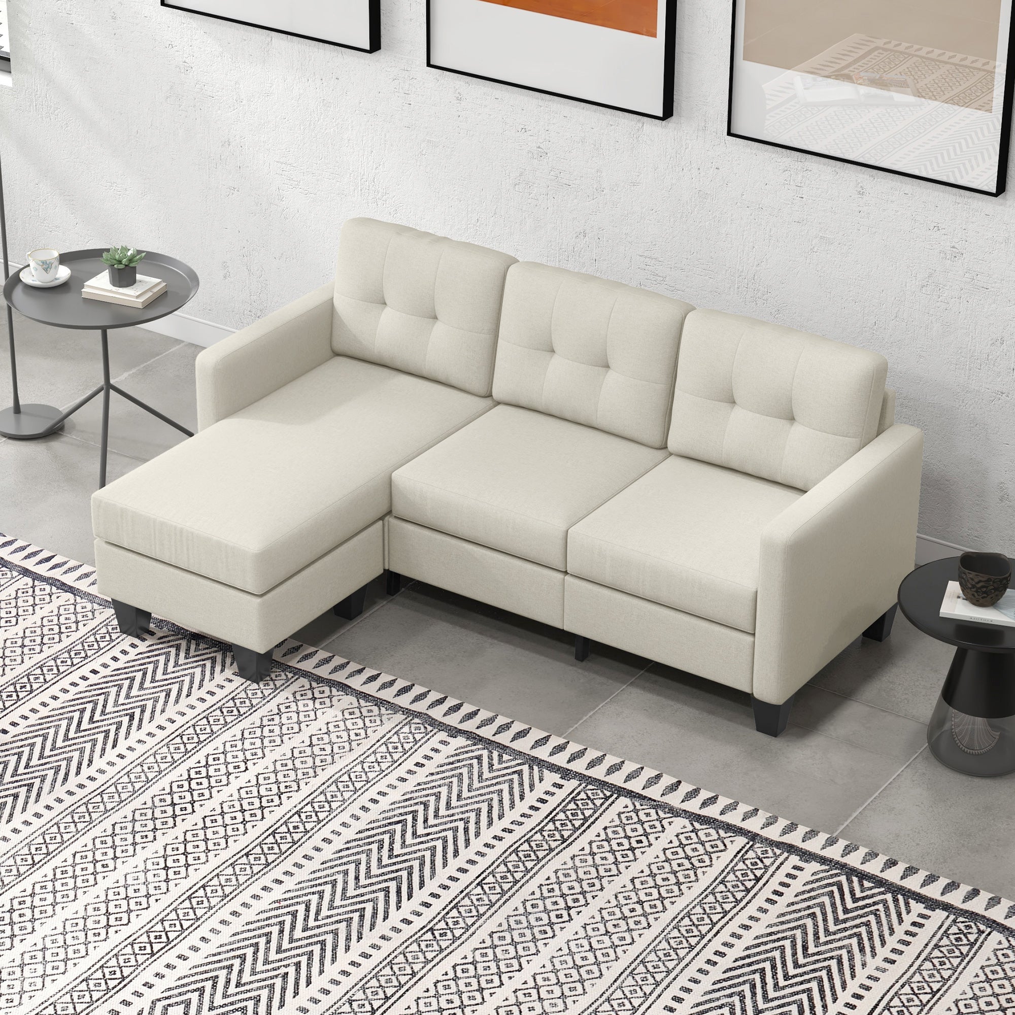 L-shaped Sofa, 3 Seater Sectional Couch with Ottoman, Corner Sofa with Thick Padded Cushion and Wood Legs, Beige 3-Seater Sofas at Gallery Canada