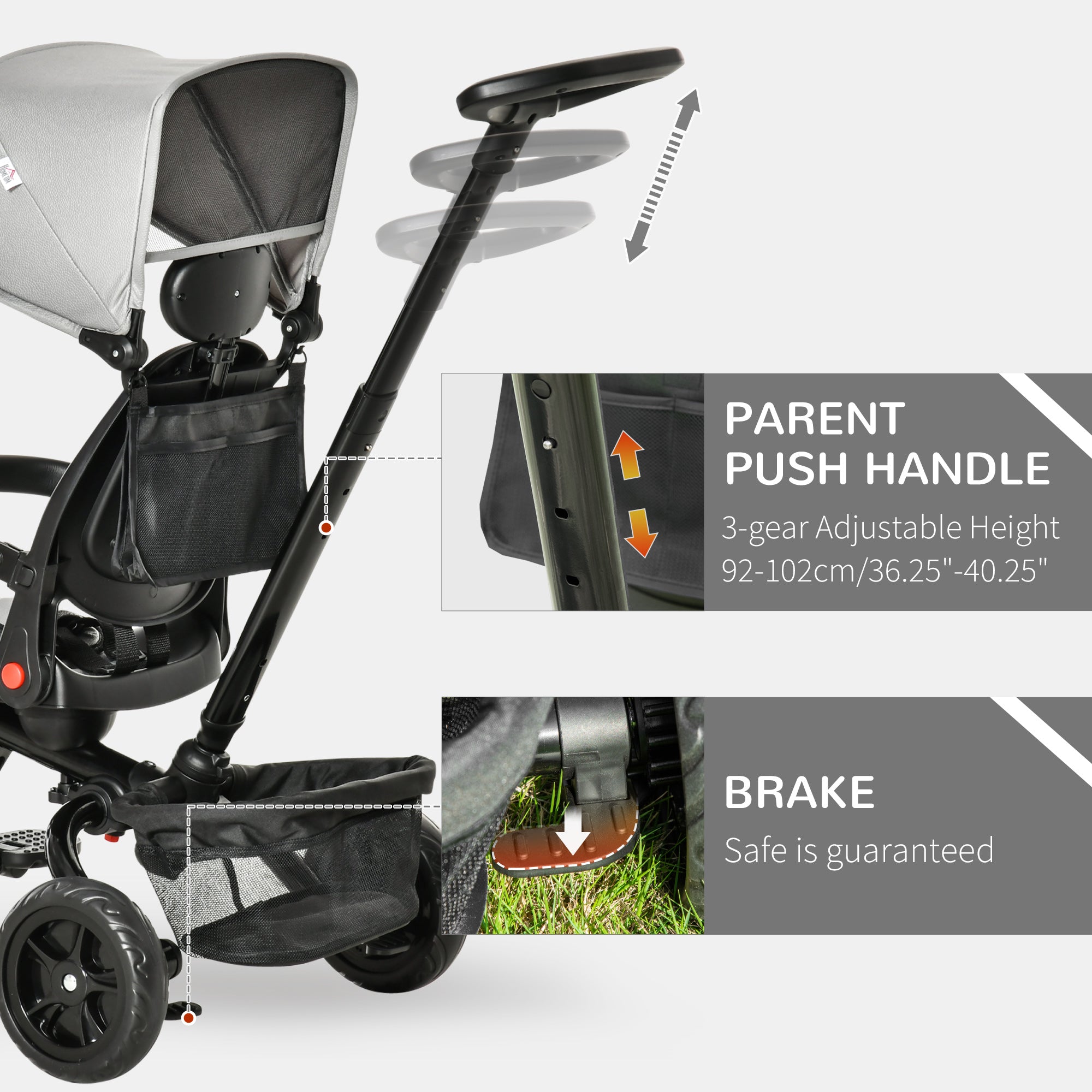 Baby Tricycle 4 In 1 Trike w/ Reversible Angle Adjustable Seat Removable Handle Canopy Handrail Belt Storage Footrest Brake Clutch for 1-5 Years Old Grey Tricycles for Kids at Gallery Canada