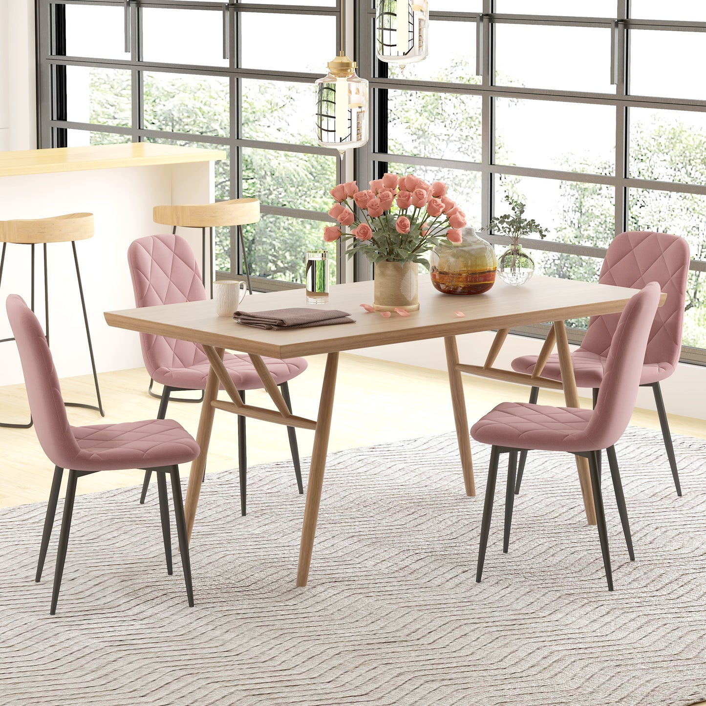 Dining Chairs Set of 4, Upholstered Dining Room Chairs with Steel Legs, Modern Kitchen Chair for Dining Room, Pink Dining Chairs   at Gallery Canada