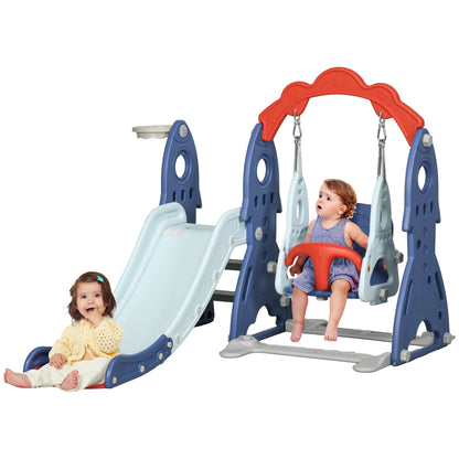 3 in 1 Kids Slide and Swing Set Indoor Playground w/ Basketball Hoop, Climber, Adjustable Swing, Dark Blue Gym Sets & Swings   at Gallery Canada