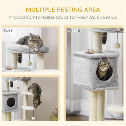 37" Cat Tree for Indoor Cats, Cat Tower, Kitty Activity Center with Cat Bed Condo Hanging Ball Toys Sisal Rope Scratching Post, Light Grey Cat Towers   at Gallery Canada